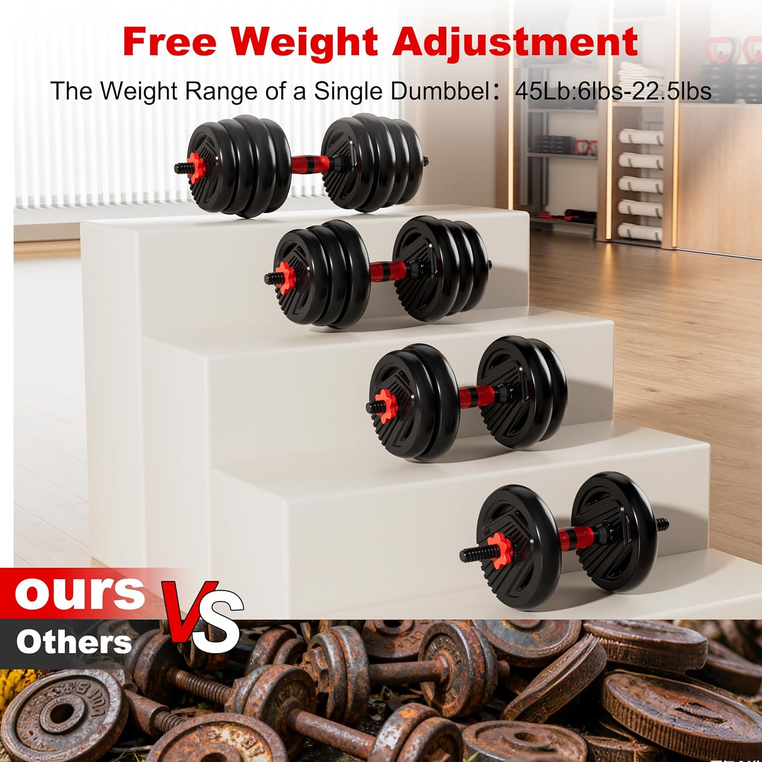 Adjustable Dumbbell Set, 10/20/30/45/70/90lbs Free Weight Set with Connector, 5 in1 Dumbbells Set Used as Barbell, Kettlebells, Push up Stand,Weight Plate, Fitness Exercises for Home Gym Suitable Men/Women - Image 5