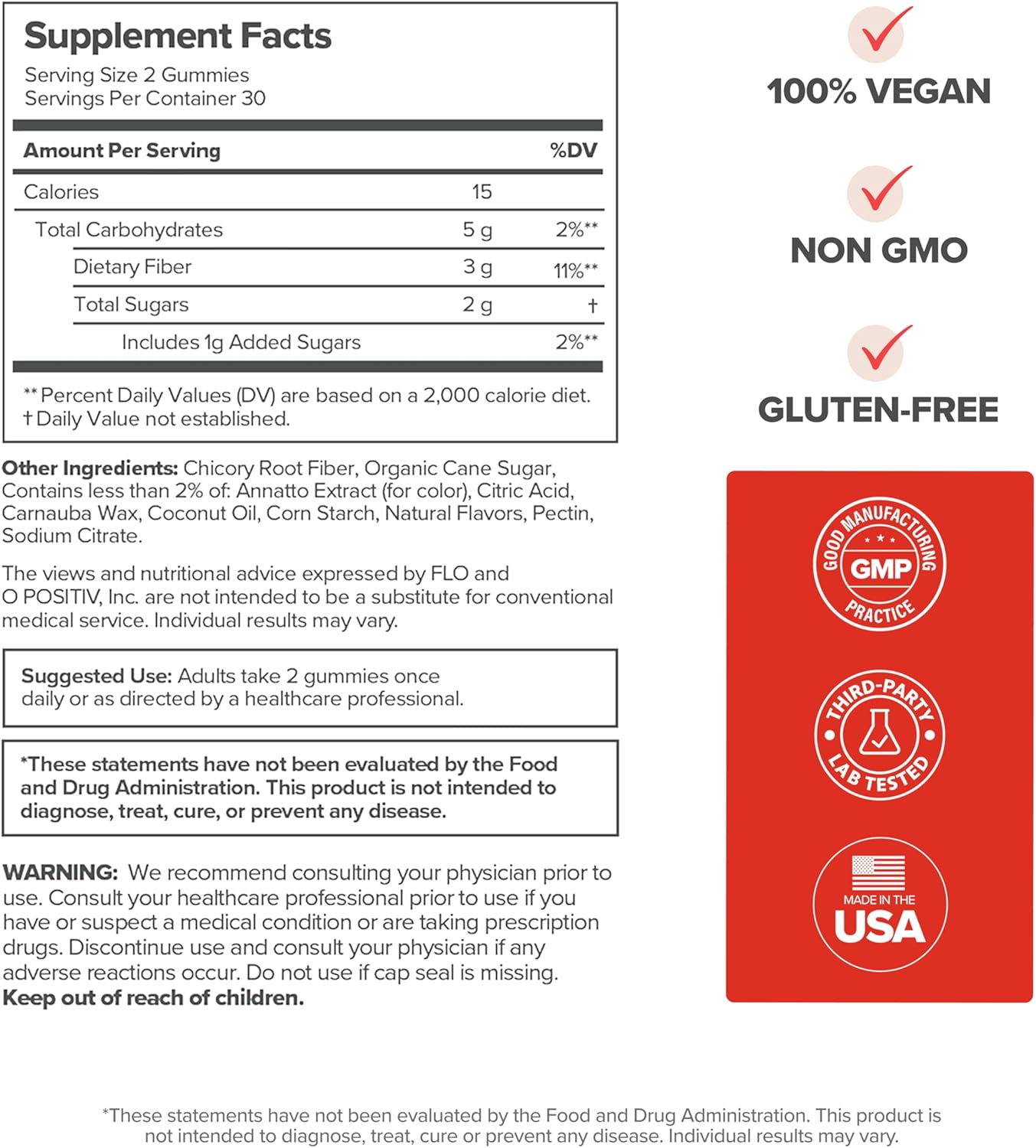 O Positiv URO Fiber Gummies for Adults, 60 Count (Pack of 1) - Prebiotic Chicory Root Inulin Fiber Supplement - Daily Gummy Fiber for Digestive Gut Health - Non-GMO, Vegan & Cruelty-Free - Image 6