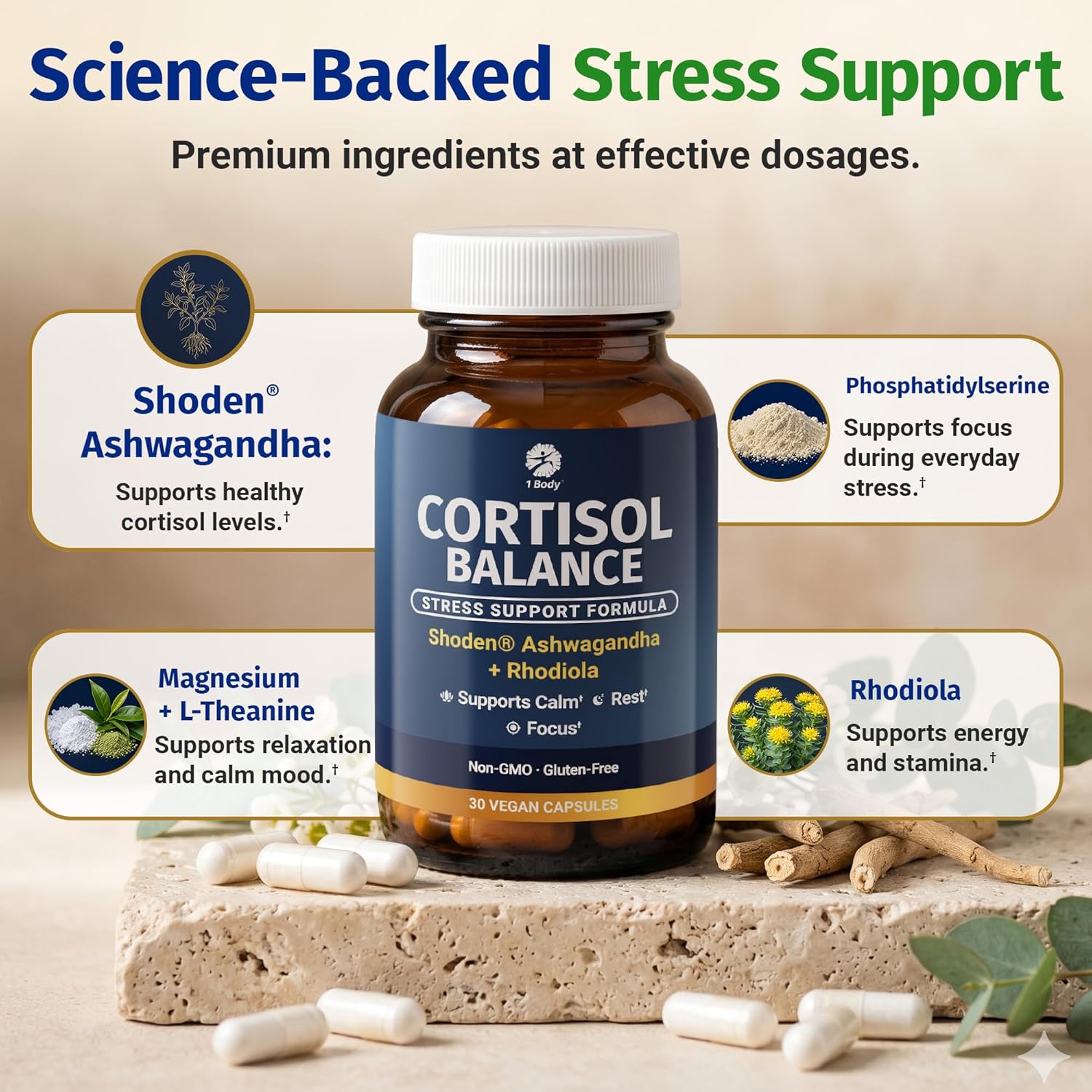 1 Body Cortisol Support for Women & Men – Ashwagandha, Phosphatidylserine & Saffron – Stress Relief, Calm Mood, Balanced Energy & Sleep Support – Vegan - Image 4