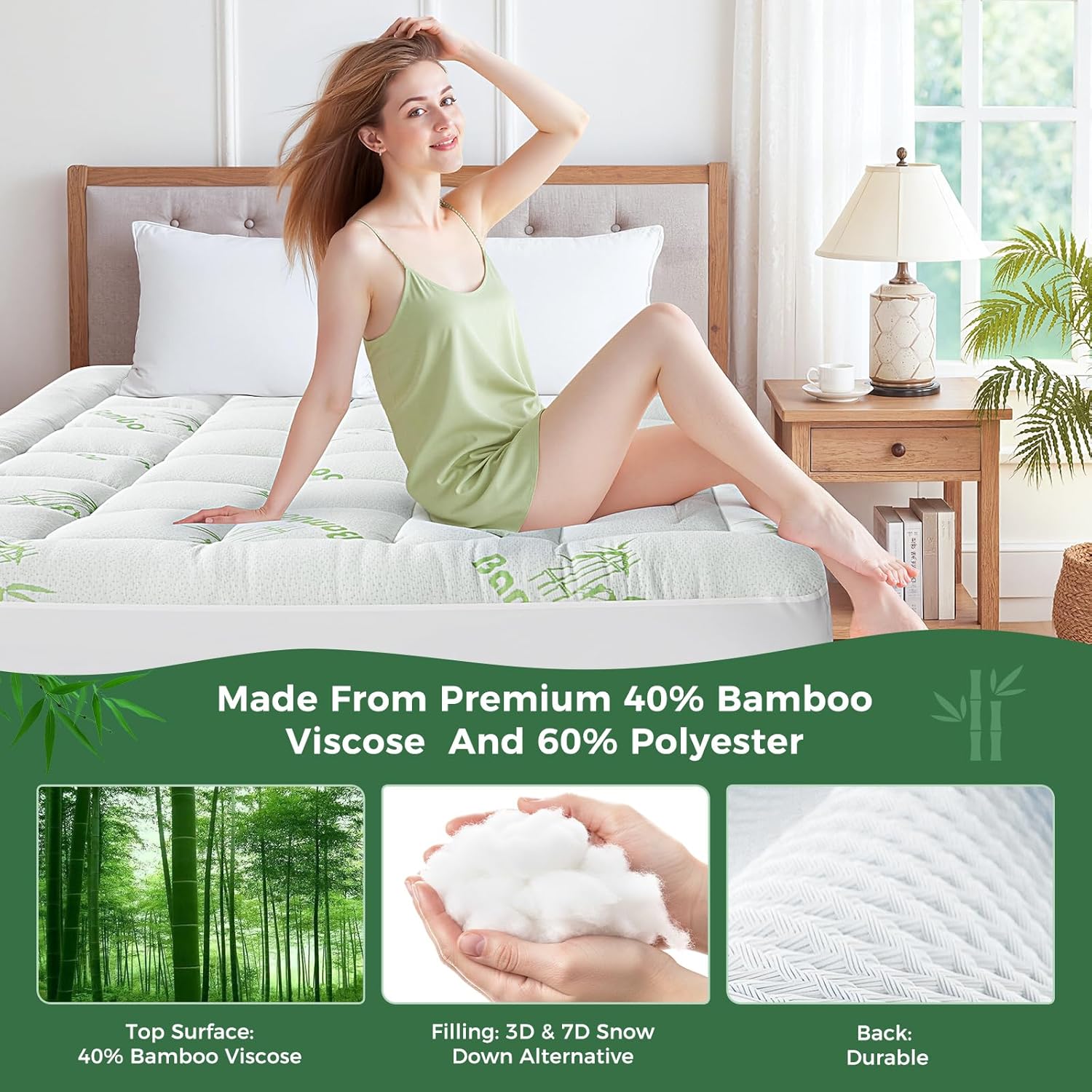 HYLEORY Mattress Topper - Thick Bamboo-Viscose Naturally Cooling Pillow Top Mattress Pad Breathable Fluffy Soft Mattress pad for Back Pain Relief, King Size, Green - Image 6