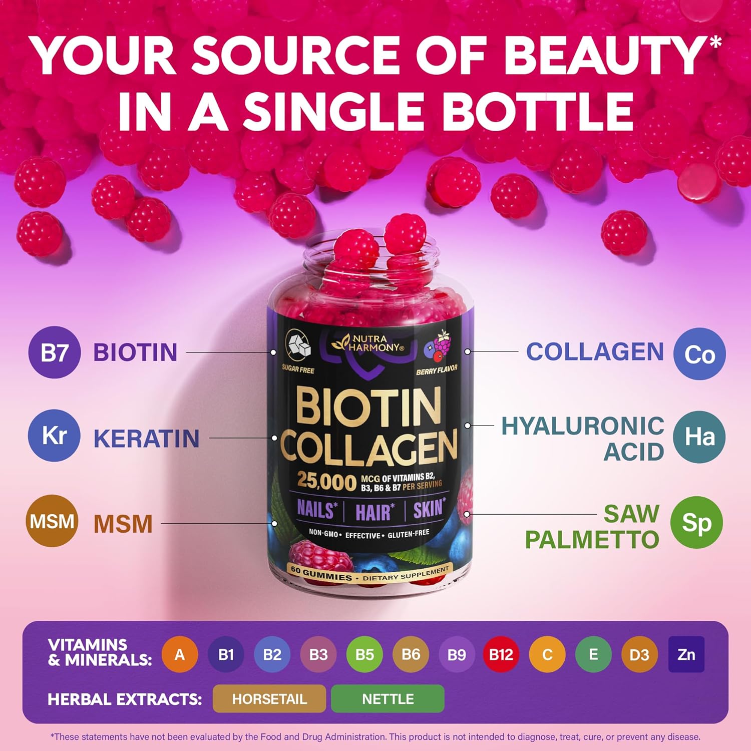 Biotin Gummies with Collagen - Hair Growth Support, Skin, & Nail Strength - for Women & Men - Biotin 10000mcg | Keratin | Hyaluronic Acid | B-Complex | Nettle - Sugar-Free, Mixed Berry - 60 Gummies - Image 5