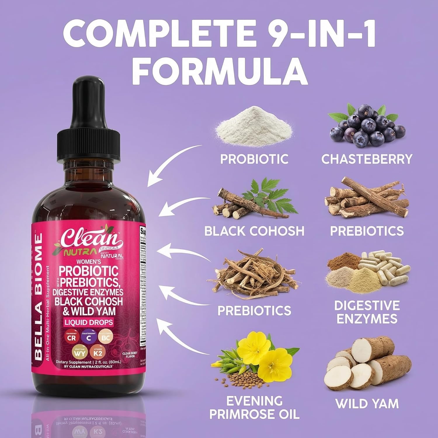 Liquid Probiotics for Women Drops with Chasteberry, Black Cohosh, Prebiotics, Digestive Enzymes, Evening Primrose Oil, Wild Yam, Cranberry Dmannose and Iron Vitamin D3 K2 Clean Nutra Bella Biotics - Image 5