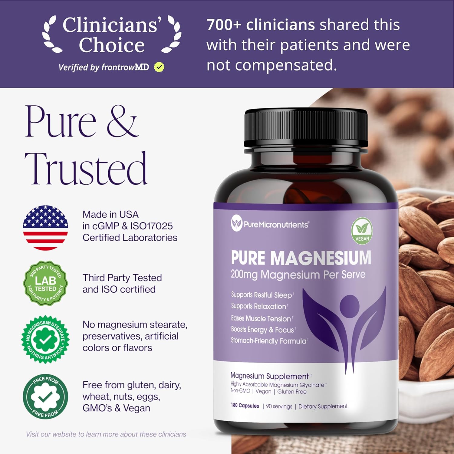 Pure Magnesium Glycinate Supplement – Highly Absorbable Chelated Magnesium to Support Sleep, Muscle & Nerve Health, Energy, Relaxation & Bone Health – 200mg Per Serving, 180 Capsules - Image 5