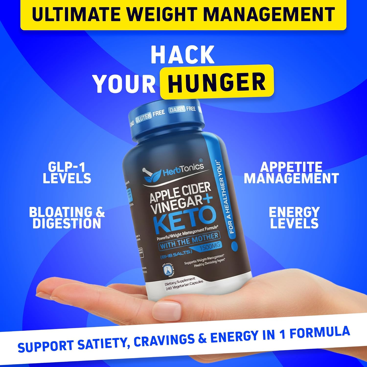 Herbtonics Apple Cider Vinegar + Keto BHB Capsules | GLP-1 Support for Appetite, Cravings & Weight Management | Metabolism Support with Satiety Support | 240 Capsules - 4 Month Supply - Image 2