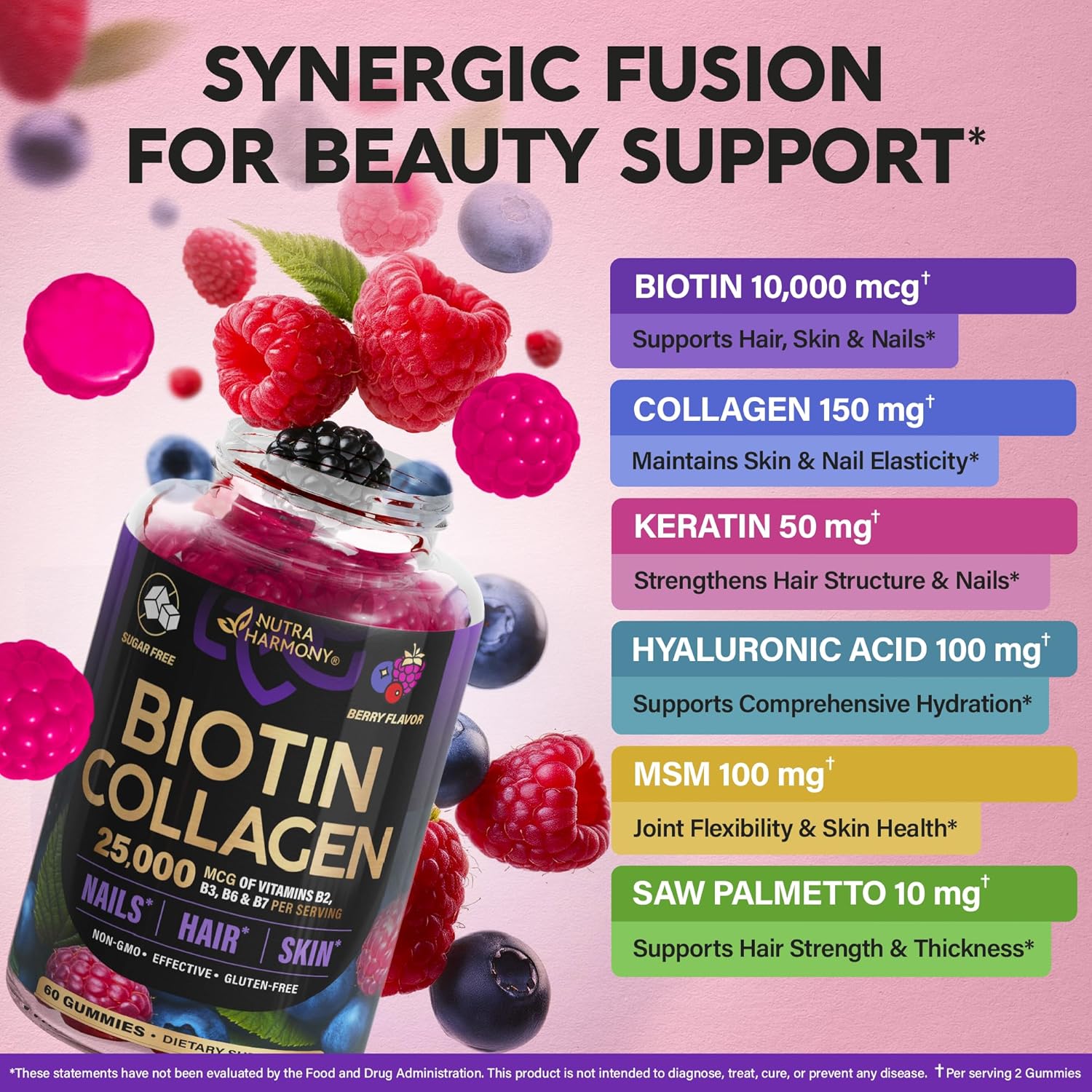 Biotin Gummies with Collagen - Hair Growth Support, Skin, & Nail Strength - for Women & Men - Biotin 10000mcg | Keratin | Hyaluronic Acid | B-Complex | Nettle - Sugar-Free, Mixed Berry - 60 Gummies - Image 4
