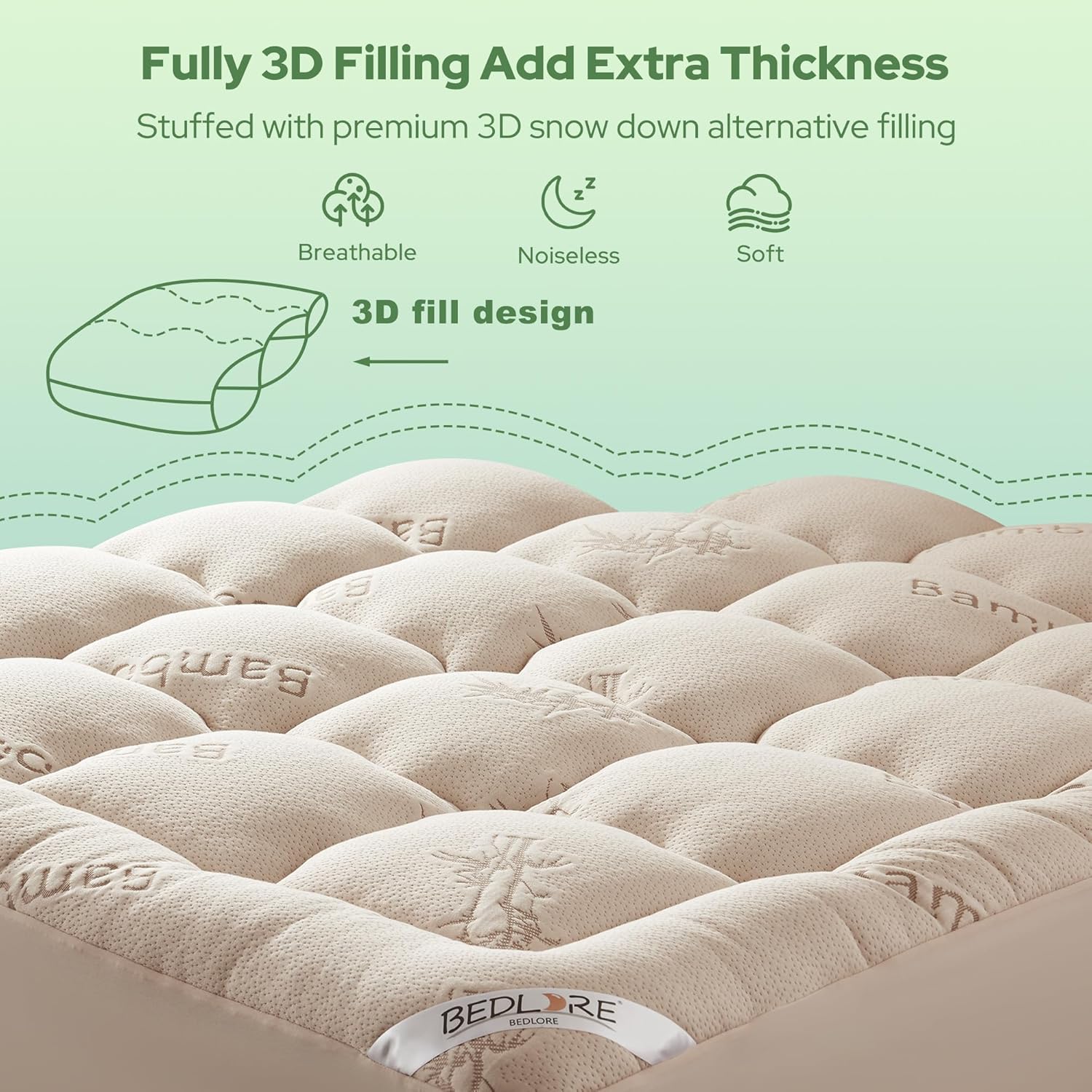 BEDLORE Full Size Mattress Topper Viscose Derived from Bamboo, Thick Pillow Top Mattress Pad with Stretchable Pockets for 6"-15" Mattress, Breathable Mattress Topper for Back Pain Relief(Beige) - Image 5