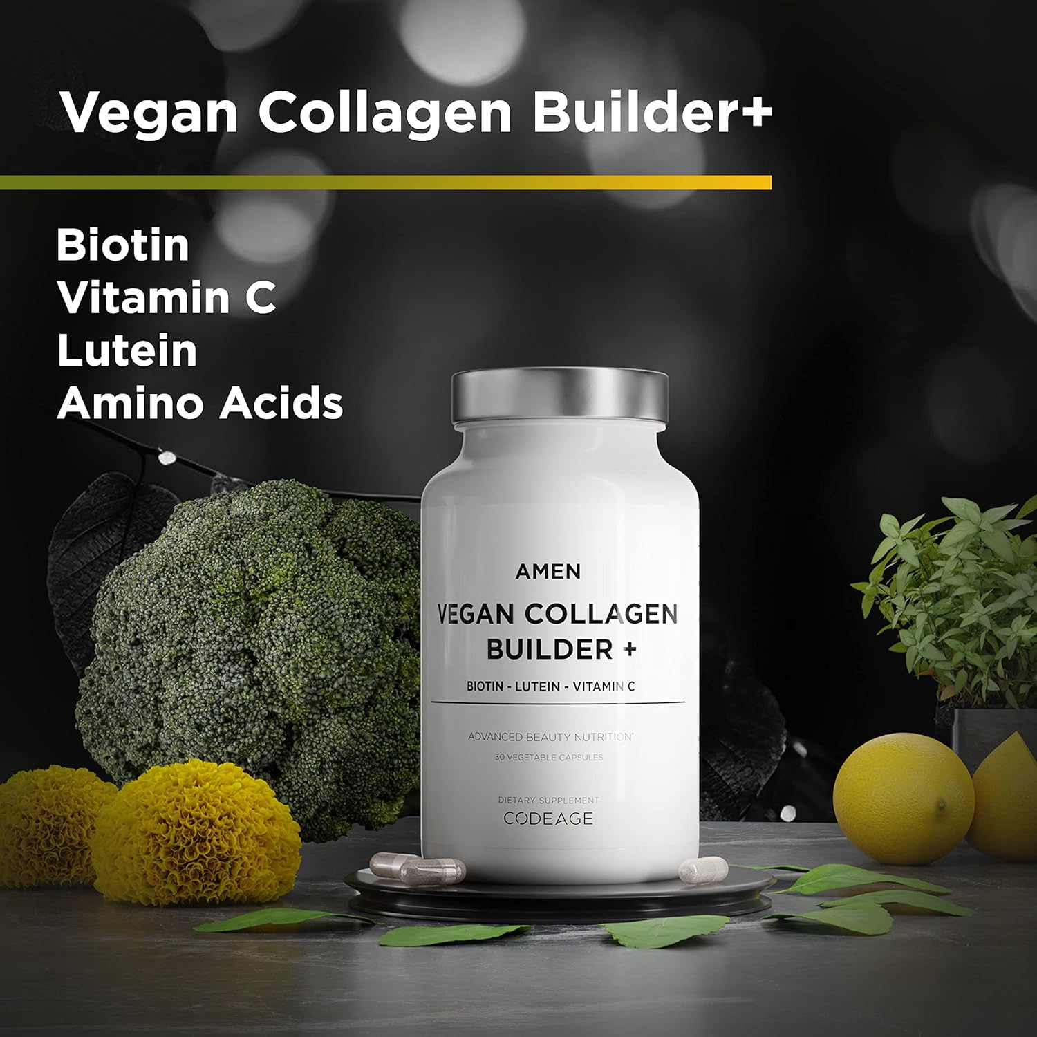 Amen Plant-Based Vegan Collagen Builder Supplement - Organic Whole Foods, Lutein, Vitamin C, Biotin, Lysine, Proline Collagen Boosters - Organic Cranberry, Lemon, Strawberry - Once A Day - 30 Capsules - Image 3