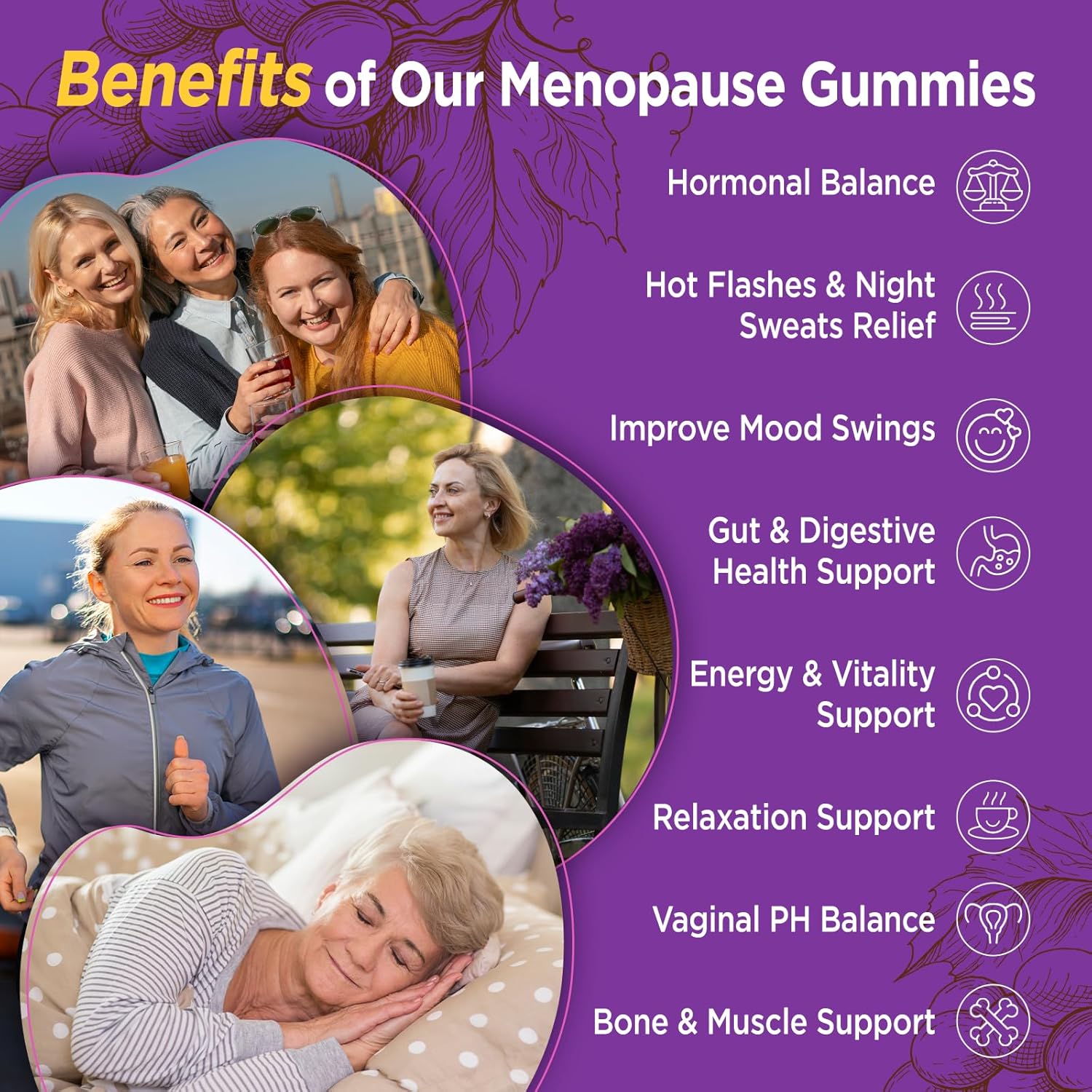 Menopause Supplements for Women Gummies, Hot Flashes & Night Sweats Support, Menopause Relief with Black Cohosh, Chasteberry & Probiotics, Sugar Free, Vegan, Grape Flavor, 60 Count - Image 4