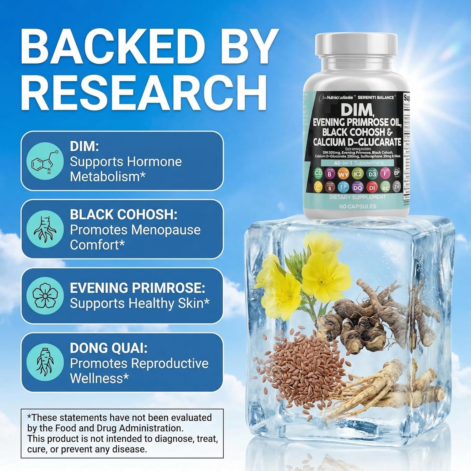 Clean Nutraceuticals DIM Evening Primrose Black Cohosh Calcium D-Glucarate Sulforaphane Flax Seed Extract - Hormonal Support Vitamins for Women with Dong Quai - 60 Caps - Image 3