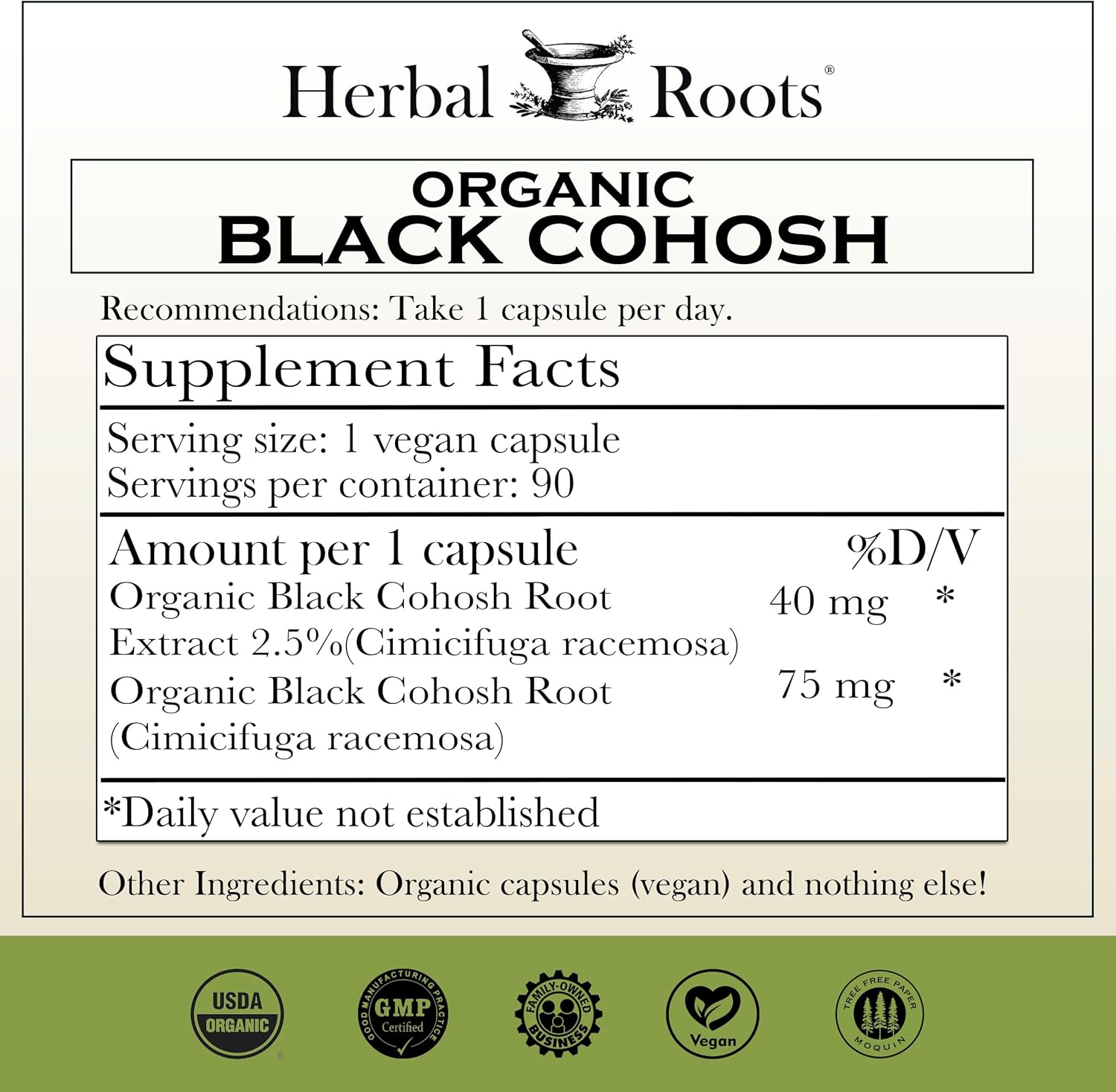 Herbal Roots Organic Black Cohosh Root | Extra Strength | Menopause and Menstrual Support for Women | 90 Capsules, Vegan - Image 2