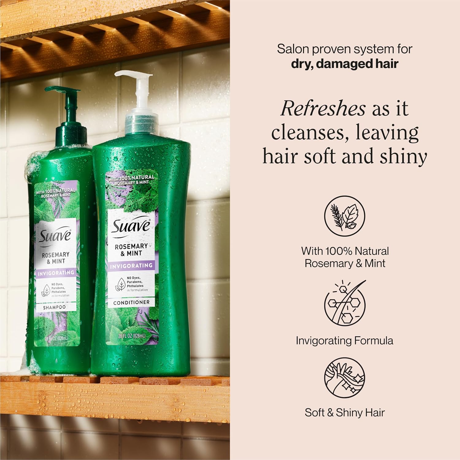 Suave Invigorating Shampoo with Rosemary & Mint, Refreshing & Replenishing Care for Healthy-Looking Hair, No Parabens, Phthalates, or Dyes, 28 FL OZ Bottle - Image 2