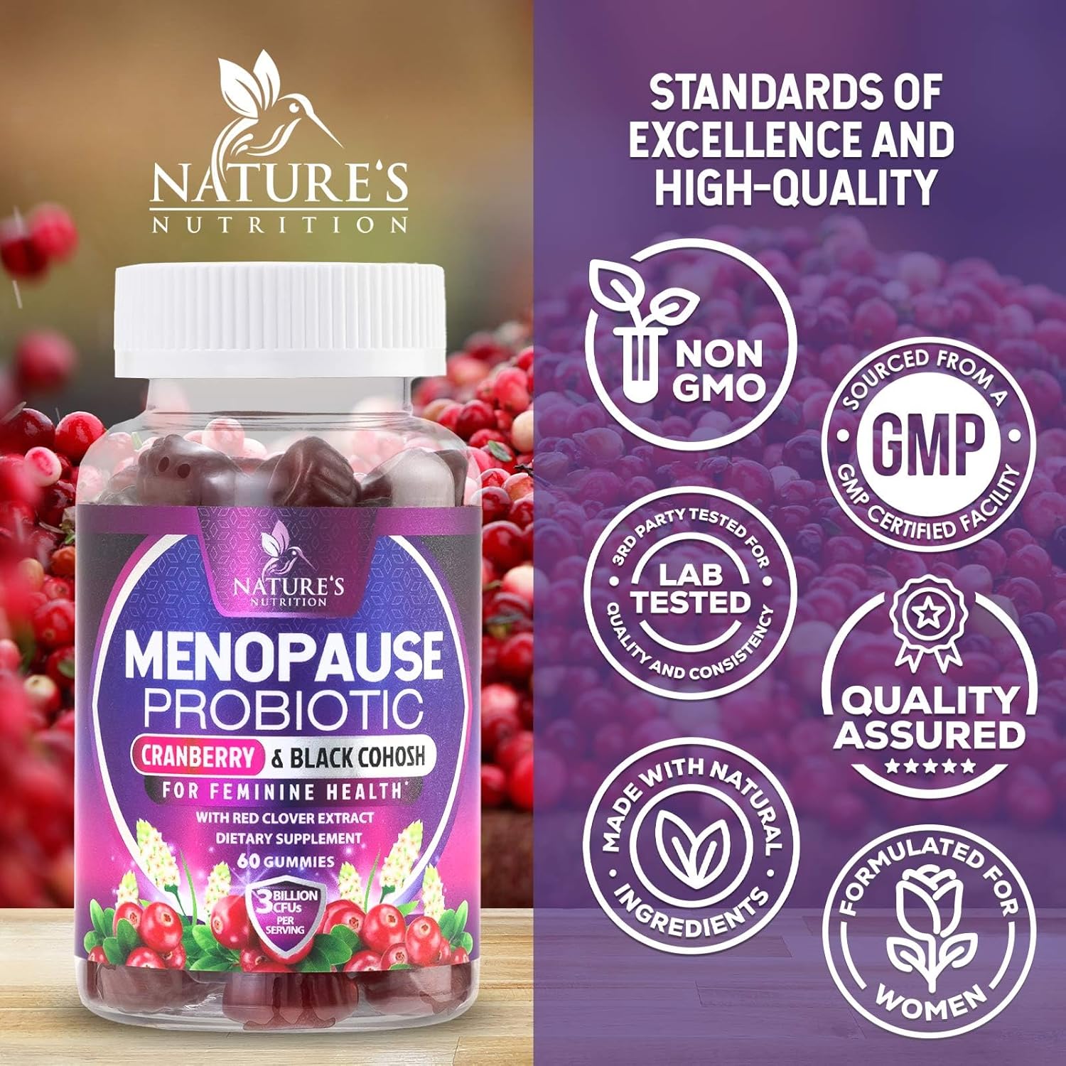 Menopause Supplement Gummies - Complete Women's Probiotics Gummy Supplements - Advanced Menopause Relief for Women with Black Cohosh & Cranberry - Mild Hot Flashes & Night Sweats Support - 60 Gummies - Image 4
