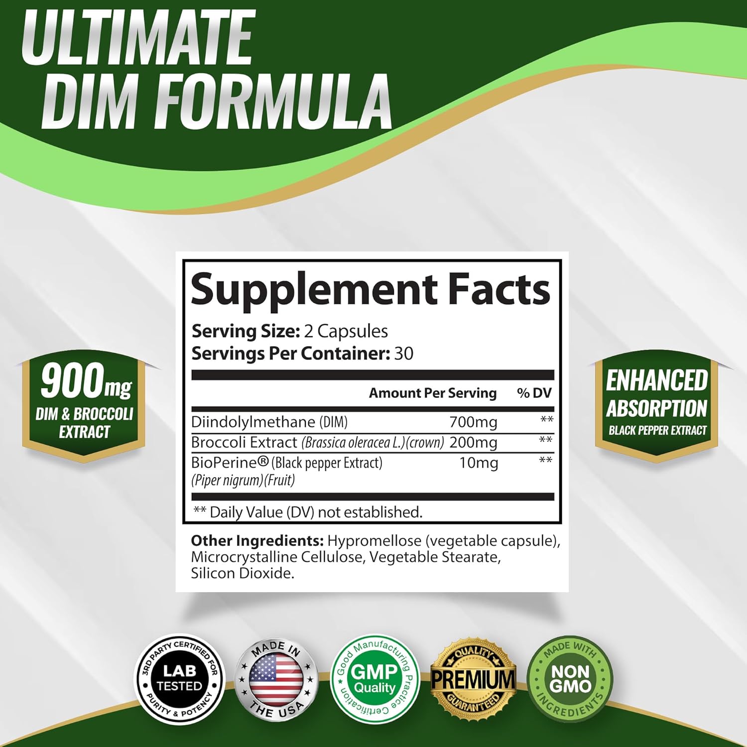 Dim Supplement 910 mg Plus BioPerine Complex - Diindolylmethane for Men Women, 60 Capsules - Image 2
