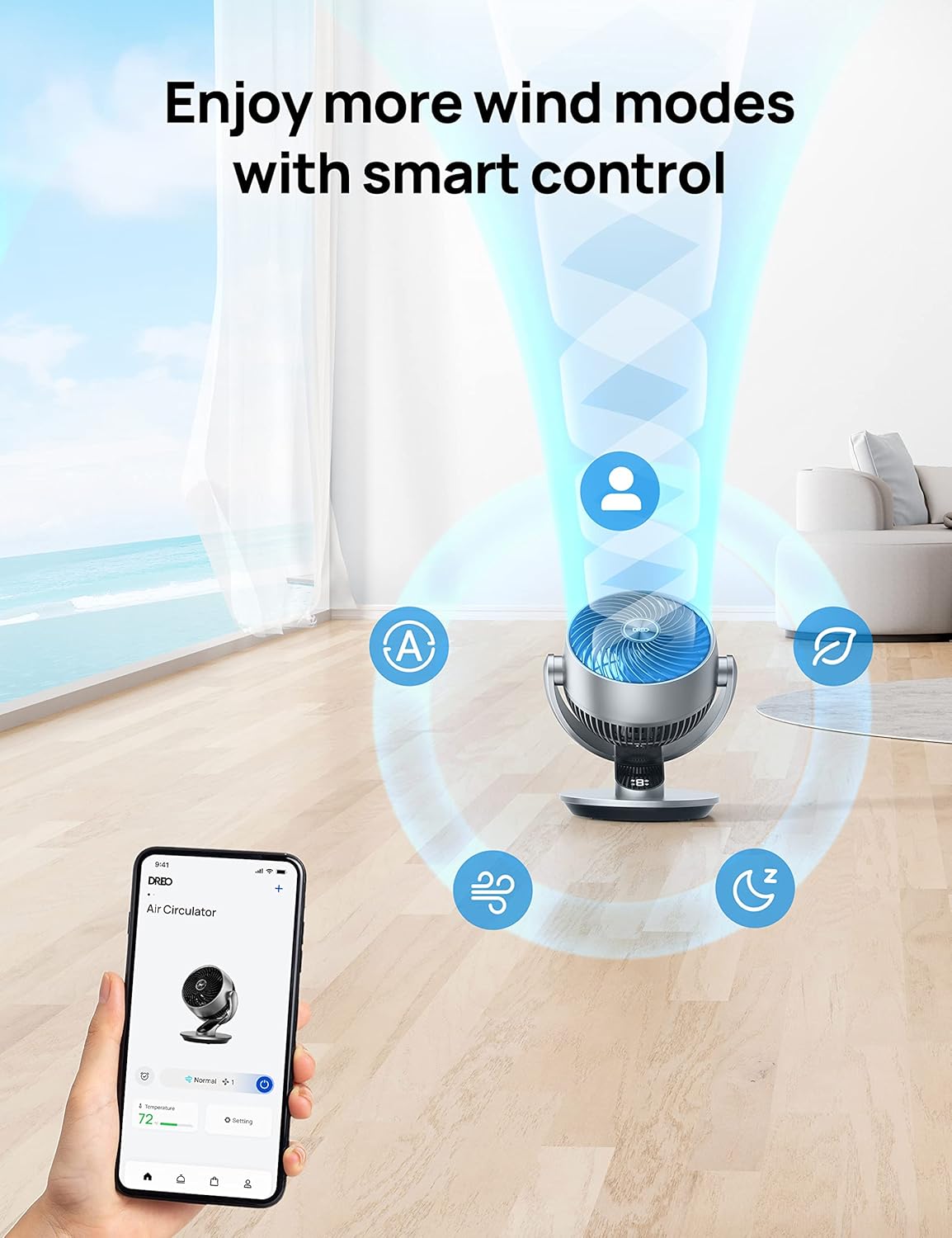 DREO Smart Fan for Bedroom,120° Vertical and 90° Oscillating Fan with Remote/Voice, 13 Inch Height Quiet Air Circulator for Whole Room, 70 ft, 4 Speeds, 5 Modes, 12H Timer, Desk Fans for Home, Office - Image 5