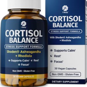 1 Body Cortisol Support for Women & Men – Ashwagandha, Phosphatidylserine & Saffron – Stress Relief, Calm Mood, Balanced Energy & Sleep Support – Vegan