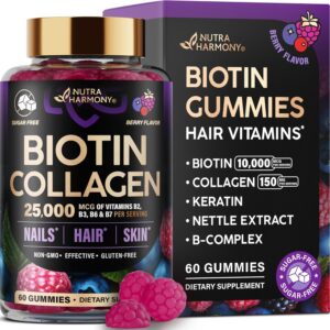 Biotin Gummies with Collagen - Hair Growth Support, Skin, & Nail Strength - for Women & Men - Biotin 10000mcg | Keratin | Hyaluronic Acid | B-Complex | Nettle - Sugar-Free, Mixed Berry - 60 Gummies