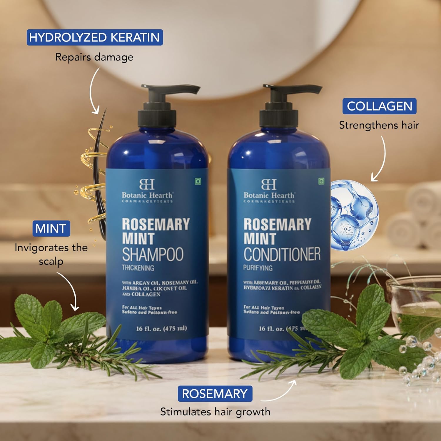 Botanic Hearth Rosemary Mint Shampoo and Conditioner Set, Thickening Formula, Promotes Hair Growth and Scalp Health Sulfate Free & Paraben Free, for Men & Women | 16 fl oz each - Image 5