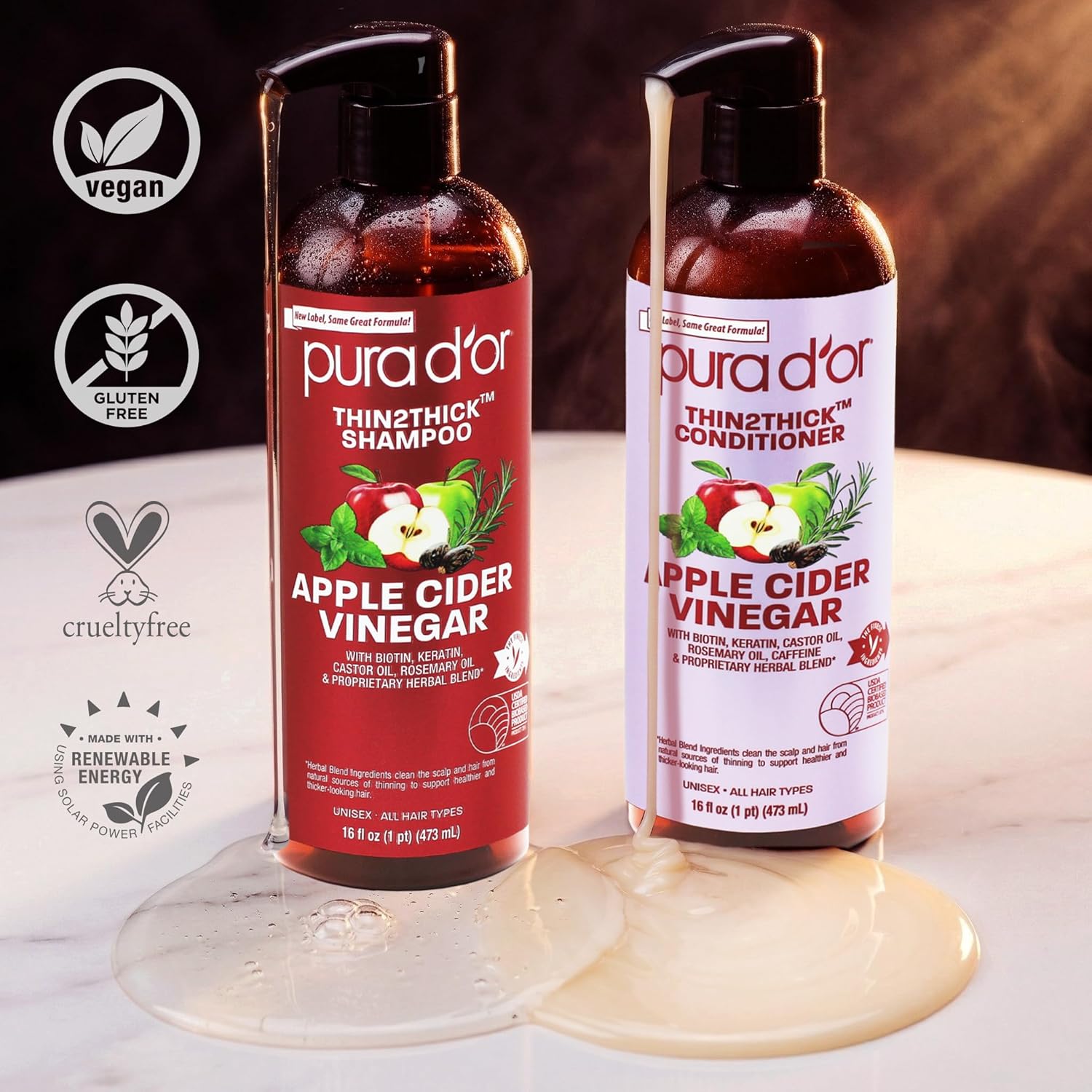 PURA D'OR Apple Cider Vinegar Thin2Thick Set (16oz x 2) ACV Shampoo & Conditioner, Clarifying - Biotin, Keratin, Caffeine, Castor Oil, Aloe - All Hair Types, Men & Women (Packaging may vary) - Image 7