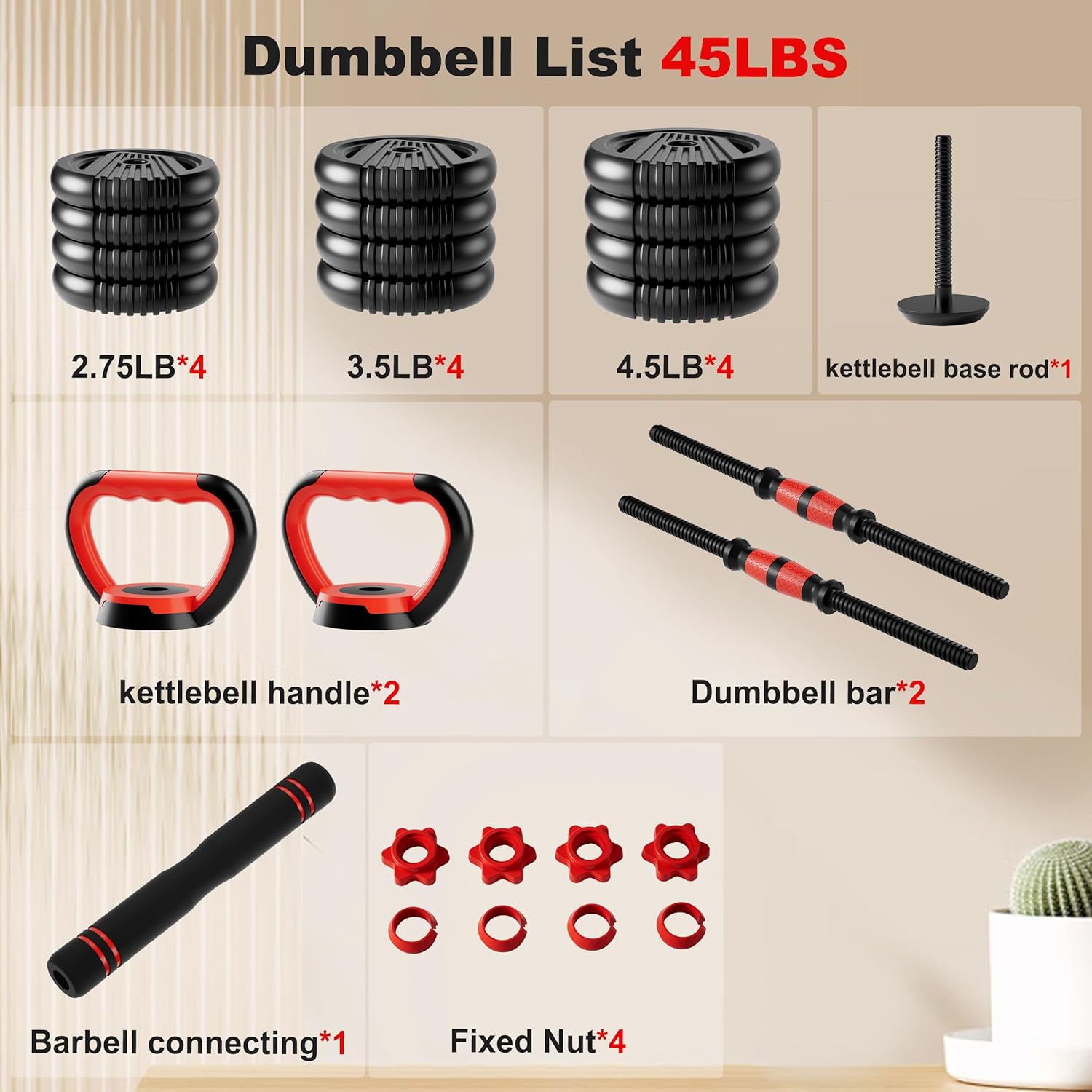 Adjustable Dumbbell Set, 10/20/30/45/70/90lbs Free Weight Set with Connector, 5 in1 Dumbbells Set Used as Barbell, Kettlebells, Push up Stand,Weight Plate, Fitness Exercises for Home Gym Suitable Men/Women - Image 7