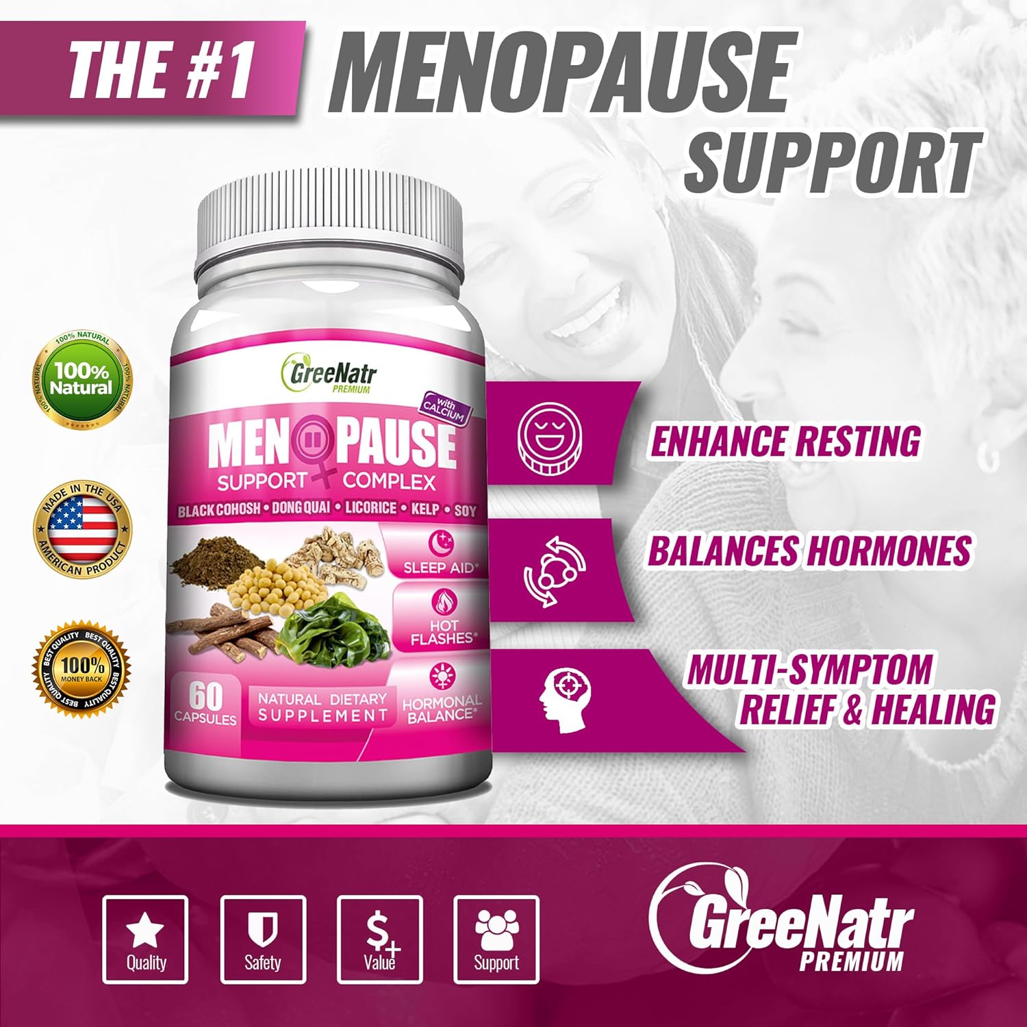 GreeNatr Menopause Supplements for Women - Perimenopause Supplements Women with Dong Quai & Black Cohosh for Menopause Hot Flashes - Menopause Support for Sleep Quality & Hormone Balance - 60 Caps - Image 2
