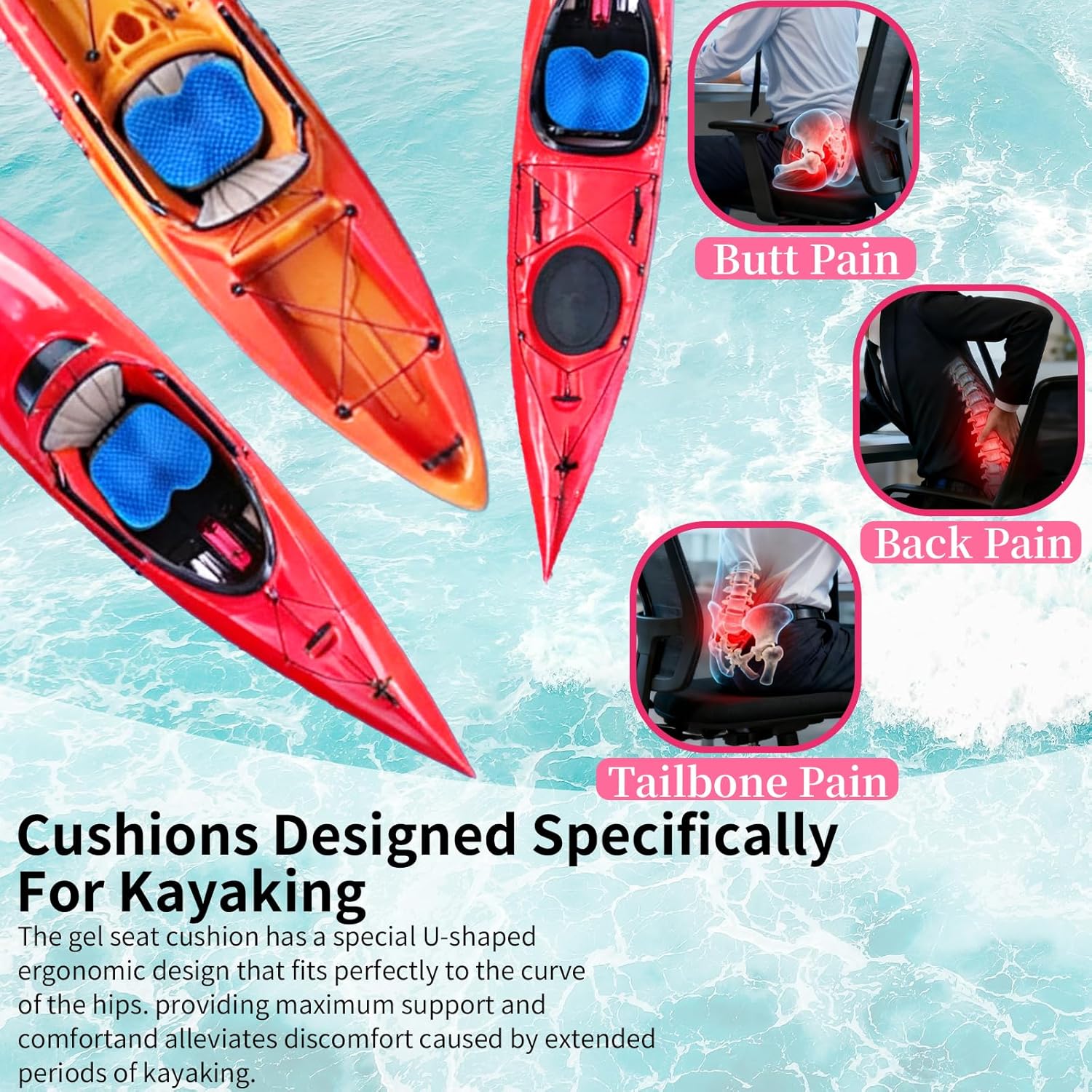 Kayak Seat Cushion - Blue Cooling Gel Kayak Accessory Removable Waterproof Cover | Comfort for Kayak Seats, Fishing, Car seat,Office Chair & Outdoor Use - Image 4