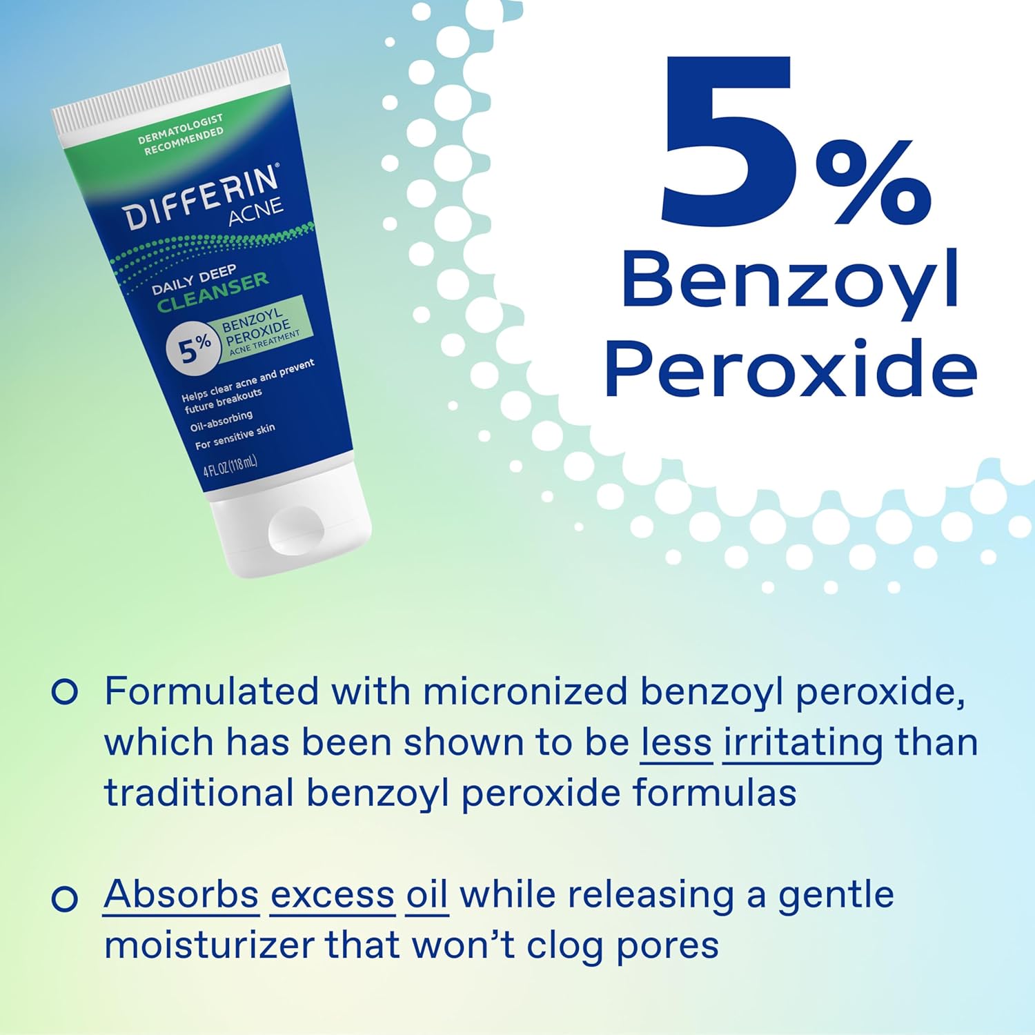 Differin Acne Face Wash with 5% Benzoyl Peroxide, Daily Deep Cleanser by the makers of Differin Gel, Gentle Skin Care for Acne Prone Sensitive Skin, 4 oz (Packaging May Vary) - Image 6