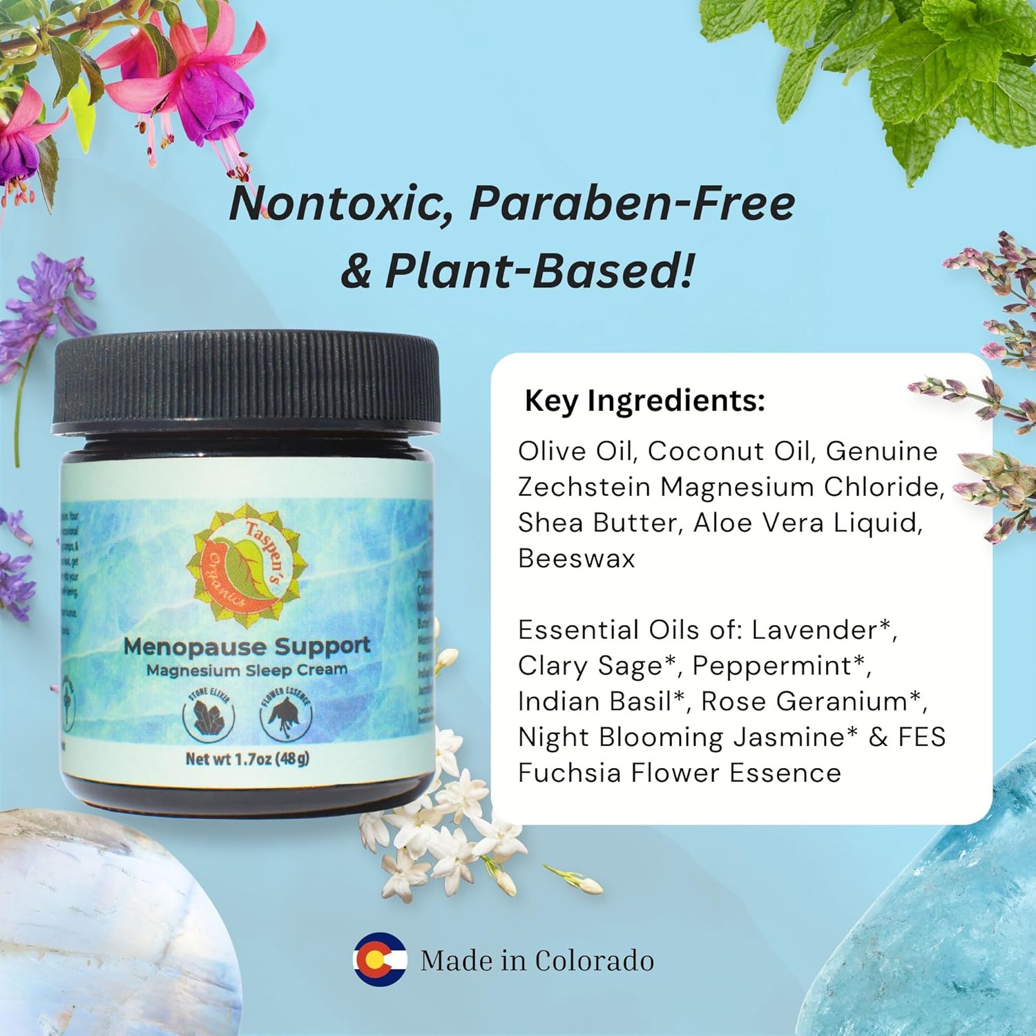 Taspen's Organics Menopause Support Magnesium Sleep Cream – Natural Cooling Relief for Hot Flashes & Night Sweats | Promotes Relaxation & Sleep | Flower Essence & Botanical Formula (1.7 oz) - Image 8