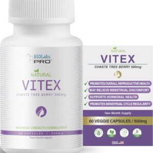 BIOLABS PRO Natural Vitex Chasteberry Supplement for Women - Pure Chaste Tree Berry Extract 500mg, Maximum Strength Formulation, Vegan Capsules, Supports Hormonal Balance - (60 Caps - 2-Month Supply)