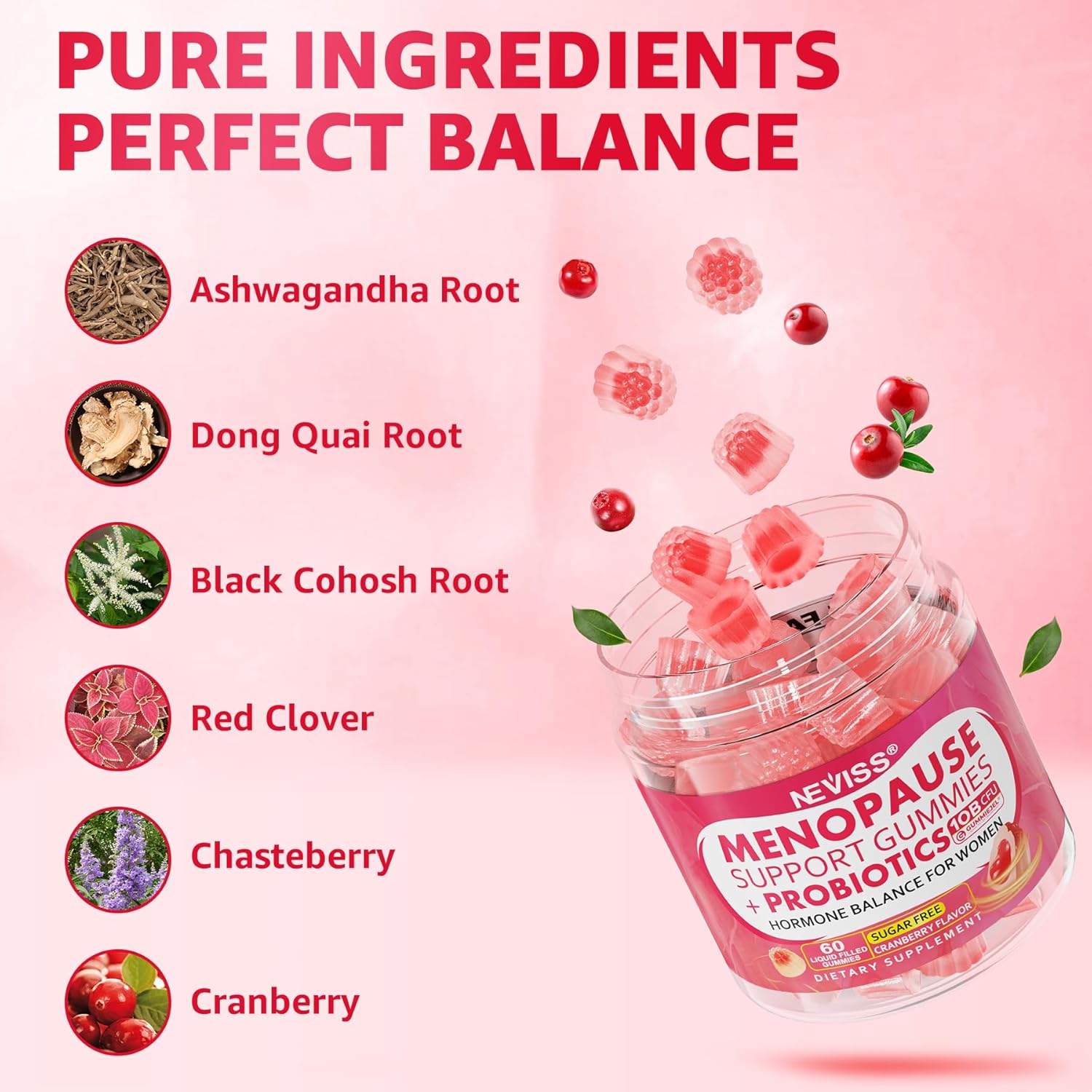 Menopause Gummies Supplement for Women w/ Red Clover, Black Cohosh for Hot Flashes, Menopause Support Vitamins + Ashwagandha Probiotics, Over 50 Hormone Support Balance Gummies Sugar Free, Vegan 60ct - Image 8
