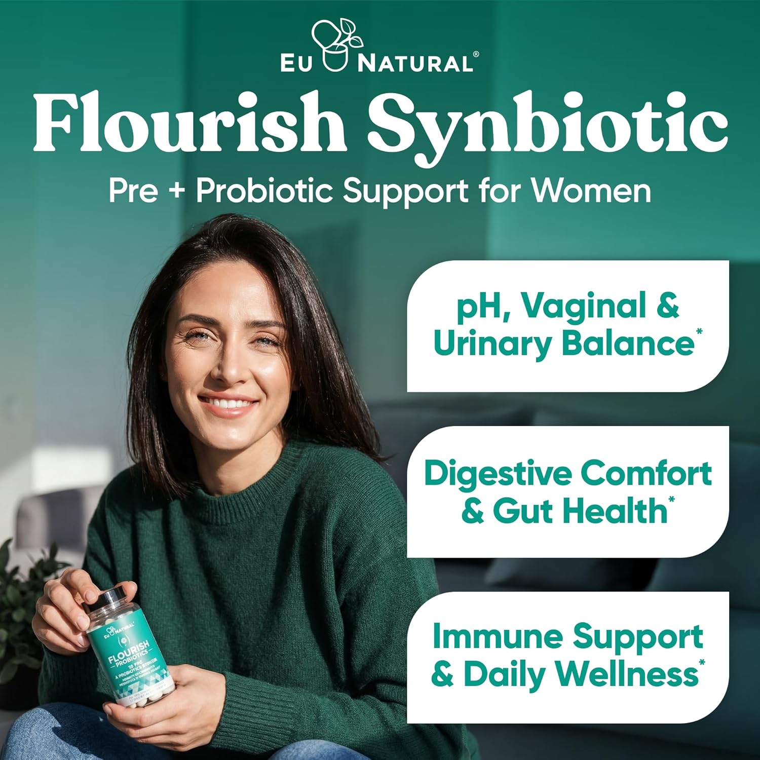 Flourish Probiotics + Prebiotics for Women - Gut and Digestion, Urinary Tract, Reduce Bloating, Vaginal Health - 18 Clinically Proven Strains, 14 Billion CFU - 30 Shelf-Stable Mini Vegan Capsules - Image 2