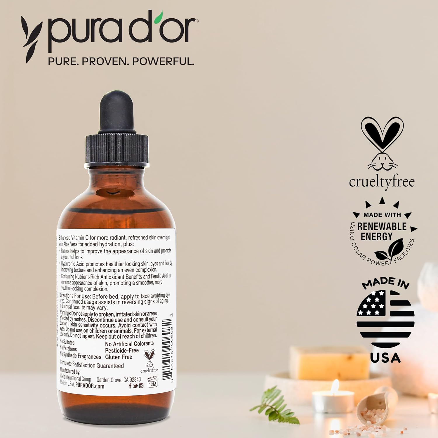 PURA D'OR 20% Vitamin C Facial Serum 4 Oz Antioxidant Blend w/Retinol, Hyaluronic Acid, Vitamin E, Ferulic Acid - Hydrating Lightweight Skincare Formula - Men Women Daily Use After Bath Oil Skin Care - Image 7