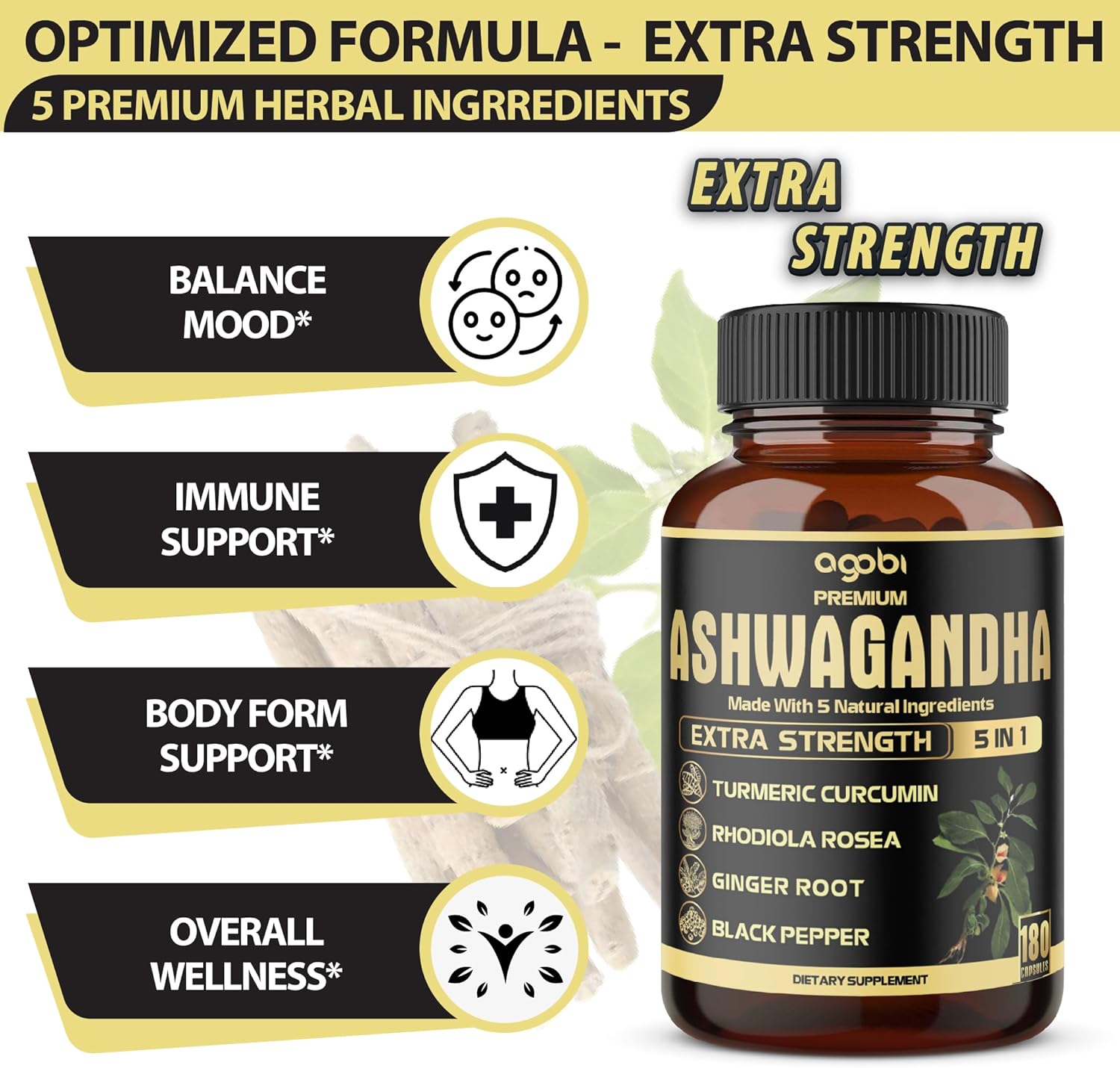 5in1 Premium Ashwagandha Capsules - Added Turmeric, Rhodiola Rosea, Ginger, Black Pepper - 180 Caps for 6 Months - Image 3