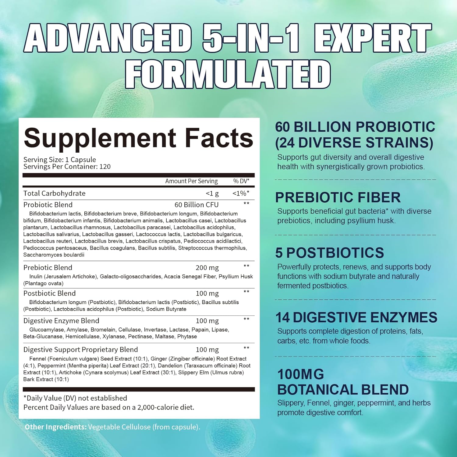 Totaria 5-in-1 60 Billion CFU Probiotic Prebiotic & Postbiotic for Women & Men, w/Digestive Enzymes, Slippery Elm, Daily Complete Gut Health, Digestive & Immune Support, 4 Month Supply, Vegan - Image 3