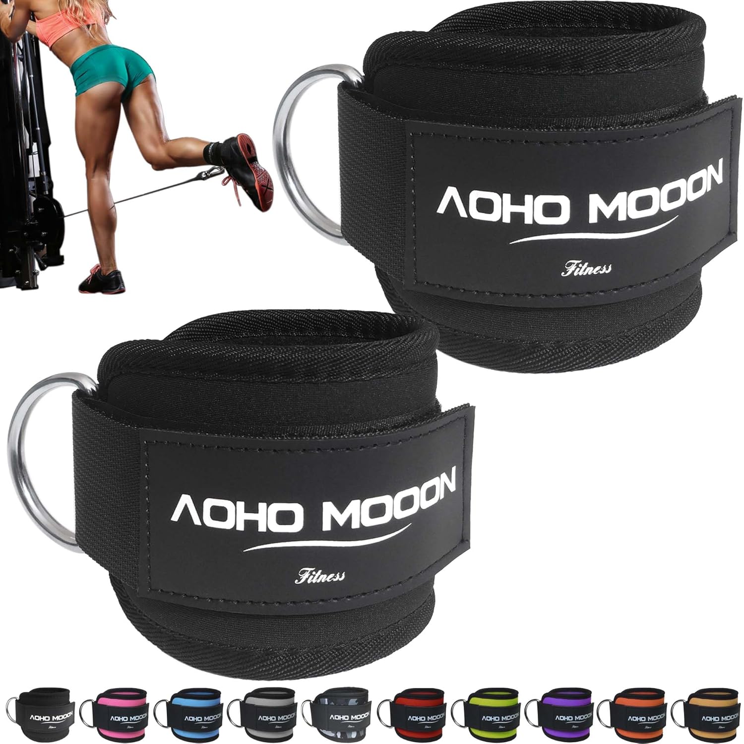 AOHO MOOON Velcro Comfortable Adjustable Padded Ankle Wrist Cuffs Neoprene Padded Straps D-Ring Glute Kickback for Cable Machine, Ideal for Glutes Exercises