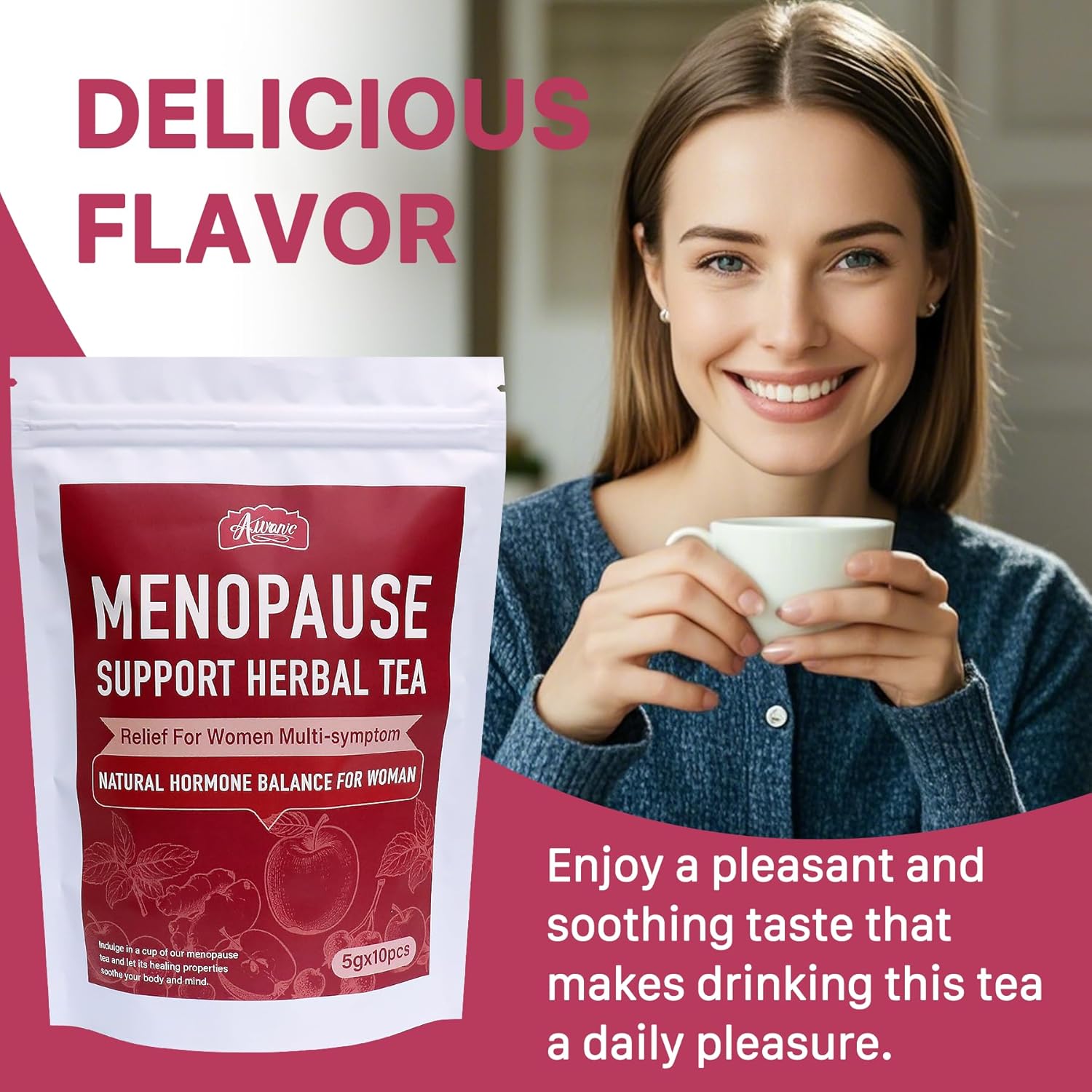 Auranic Menopause Support Herbal Tea - Natural Hormone Balance for Women, Relief for Women Multi-Symptom with Alleviates Hot Flashes, Night Sweats & Mood Swings, Menopause Comfort Teabags - Image 3