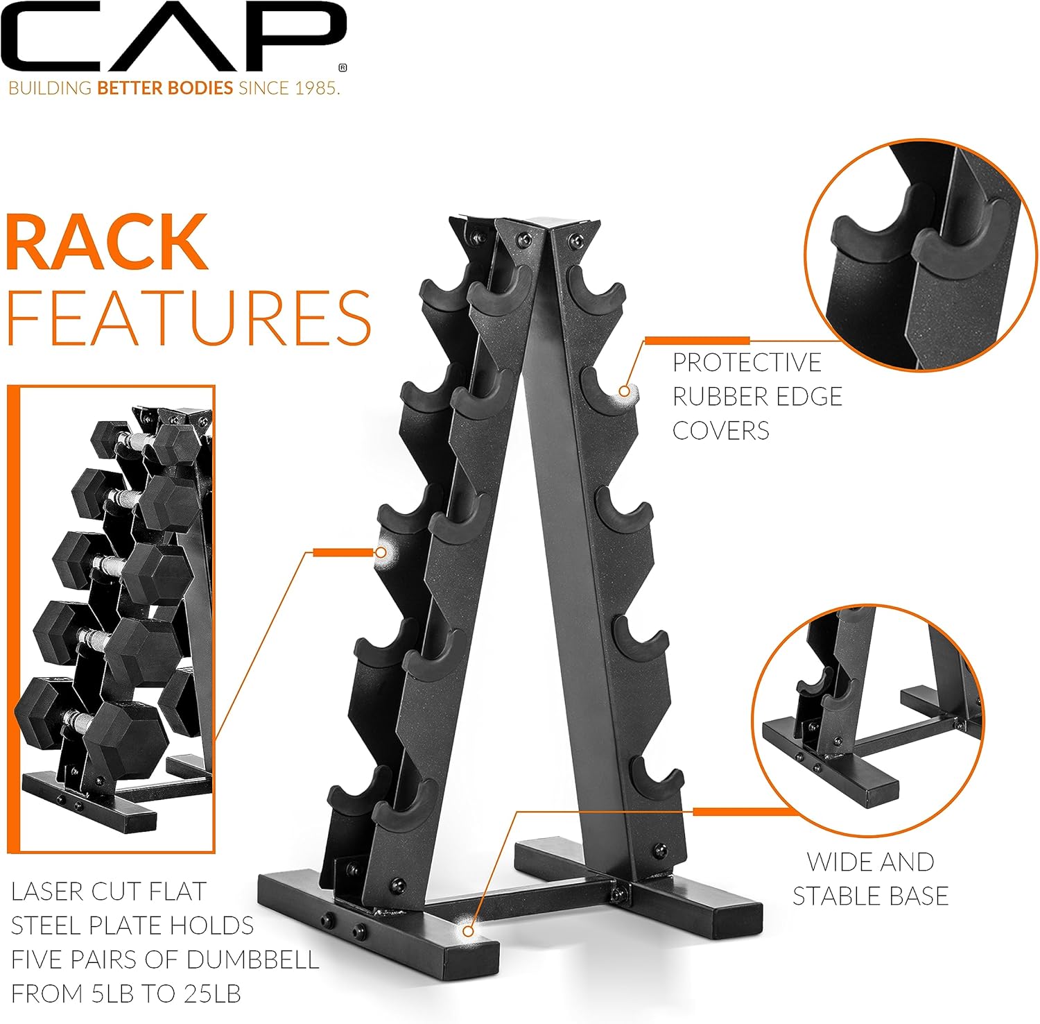 CAP Barbell Rubber Coated Hex Dumbbell Set with Storage Rack | 100–210 lb Options, Space-Saving Vertical Compact Storage for Home Gym Strength Training - Image 4