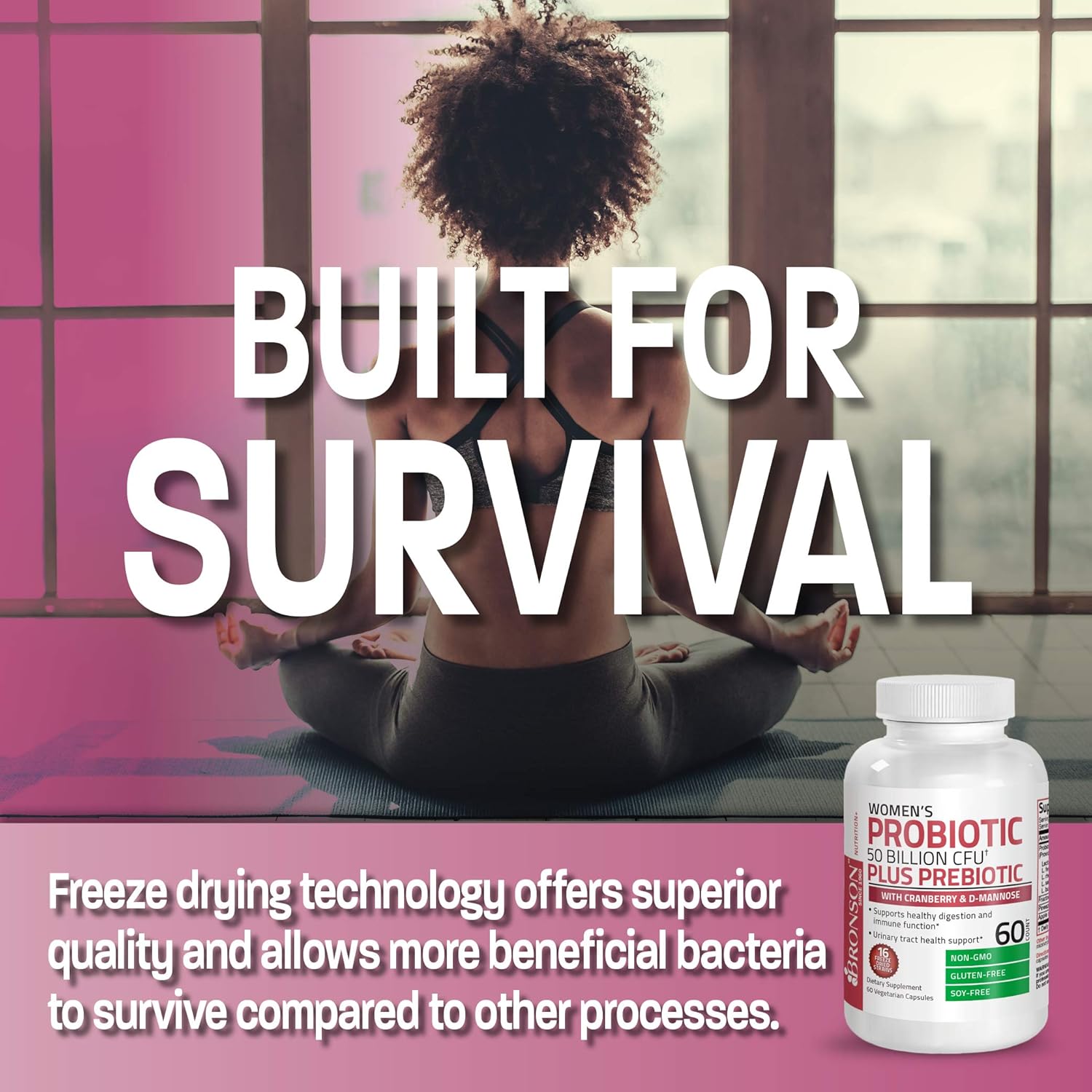 Bronson Women's Probiotic 50 Billion CFU + Prebiotic with Cranberry & D-Mannose – Vaginal Health, Healthy Digestion, Immune Function and Urinary Tract Support, Non-GMO, 60 Vegetarian Capsules - Image 4