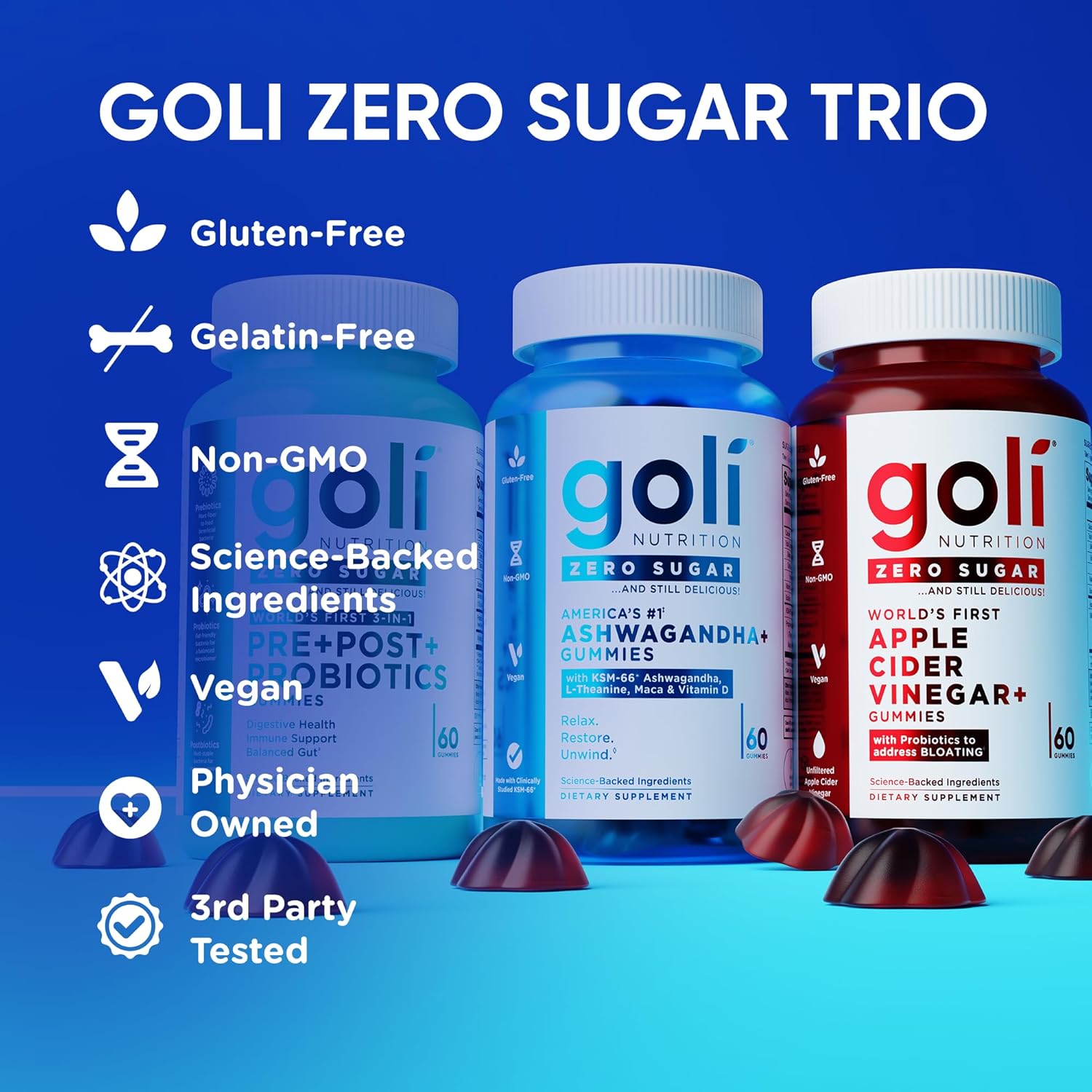 Goli Zero Sugar Trio - World's First 3-in-1 Pre, Post, Probiotic, Apple Cider Vinegar with Vitamin B12 and Probiotics, Ashwagandha & L-Theanine, Vitamin D Gummies, 90 Count (3-Bottle Set) - Image 7