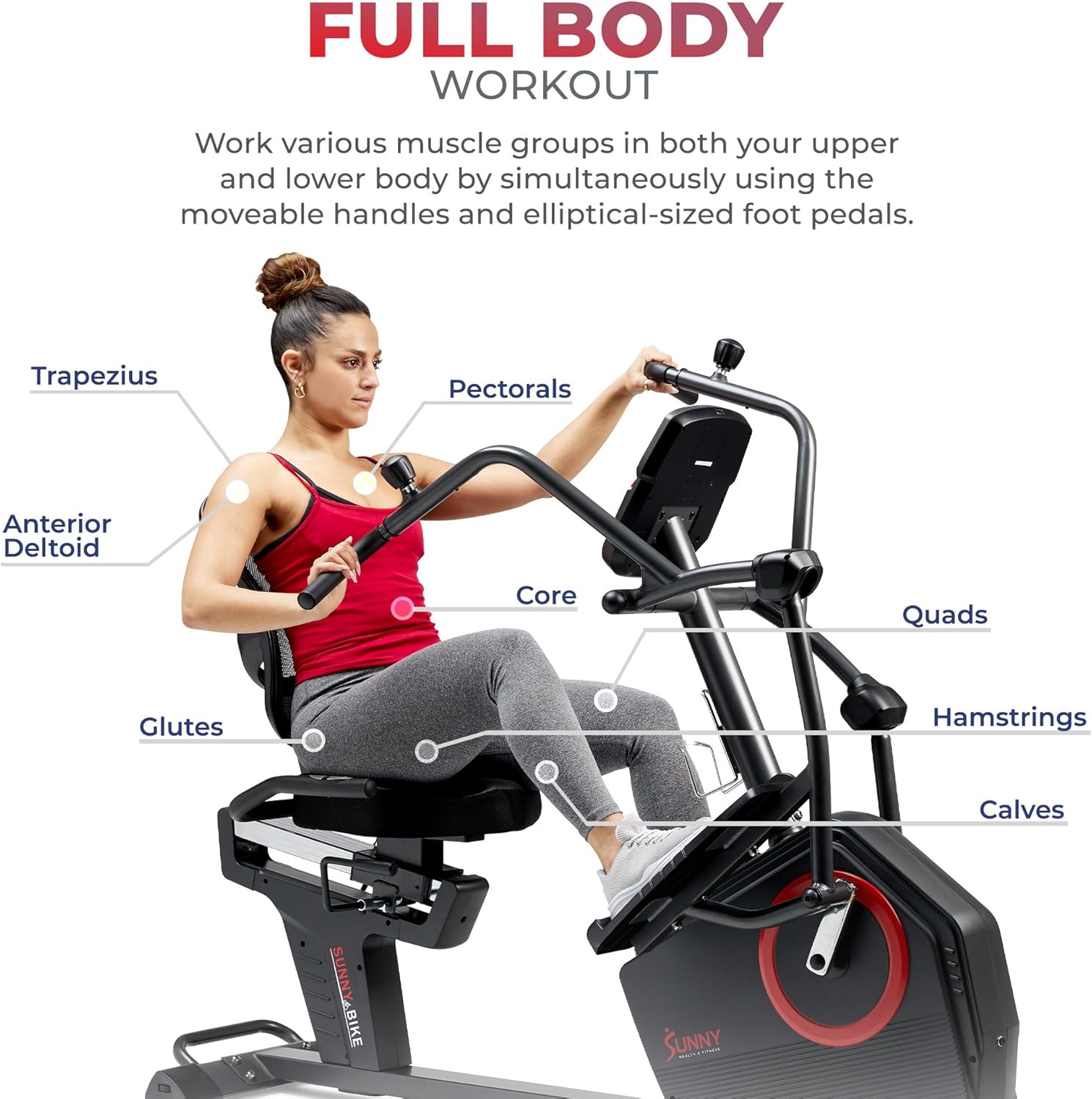 Sunny Health & Fitness Elite Recumbent Cross Trainer & Elliptical Machine with Arm Exercisers for Home Arm/Leg Training, Easy Adjust Seat & Mesh Backrest, Free SunnyFit App Bluetooth Connectivity - Image 4