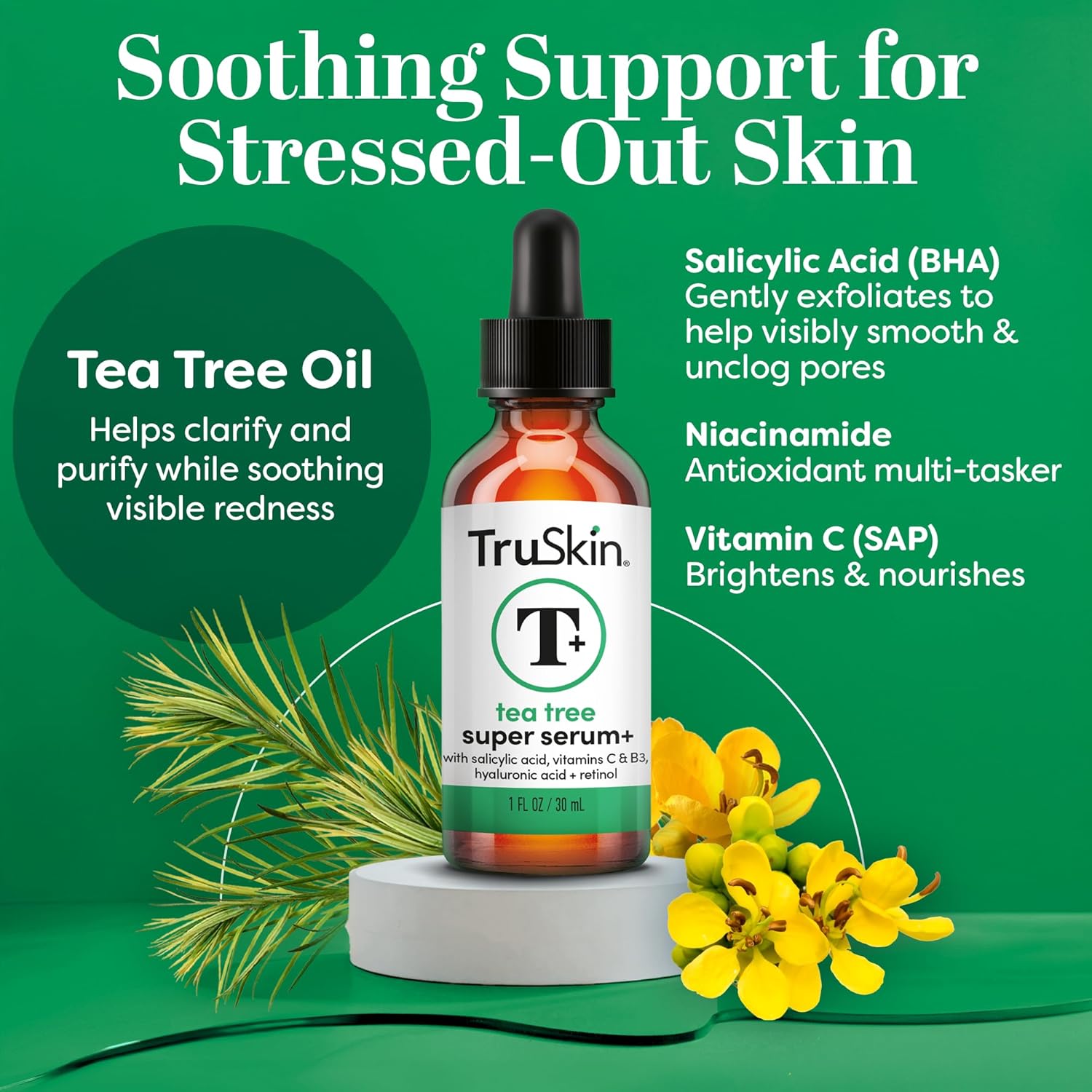 TruSkin Tea Tree Oil Acne Treatment Serum for Face - Salicylic Acid, Niacinamide, Vitamin C & Retinol - Clarifying Super Facial Serum for Acne-Prone Skin & Pores, 1 Fl Oz - Image 2