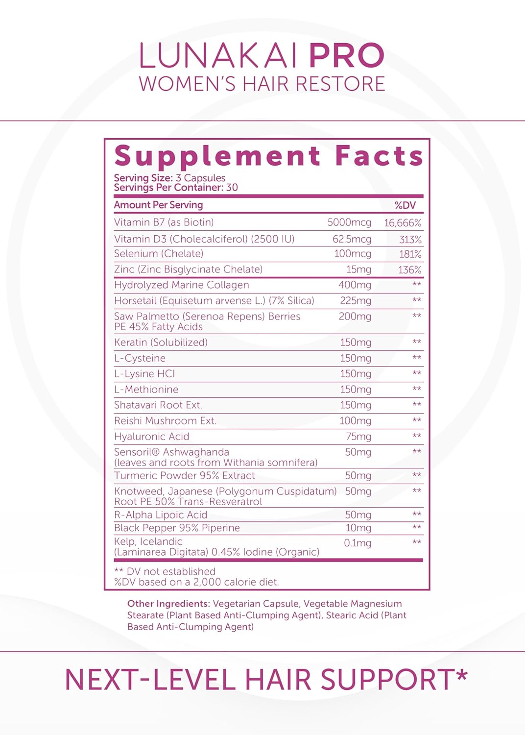 Lunakai USA Made Hair Growth Supplement for Women - Advanced 20 Nutrient with Marine Collagen, Saw Palmetto, Biotin & Keratin - Daily Hair Vitamins for Thicker Strands - 90 Capsules - Image 7