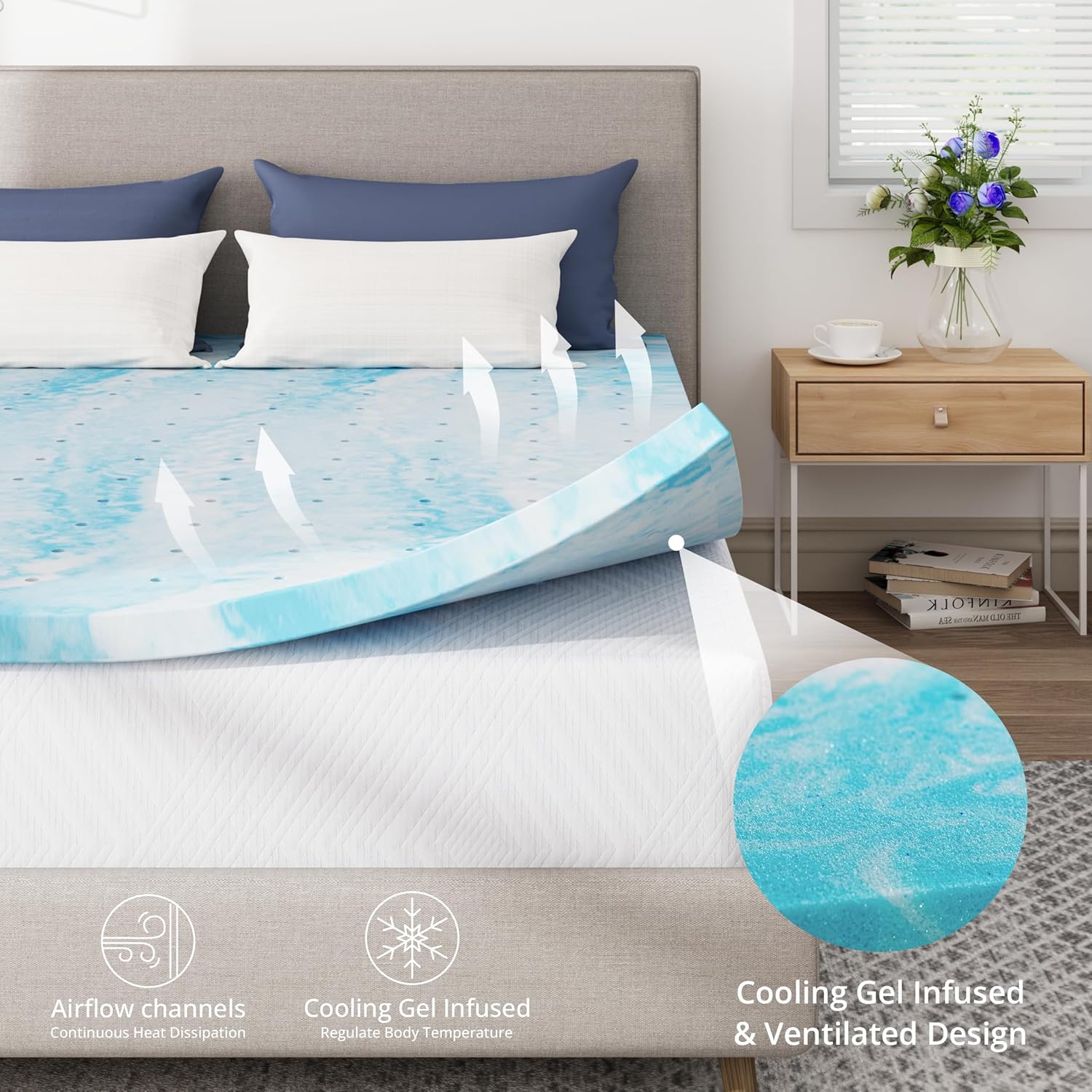 CH Charme House Mattress Topper 3 Inch Queen Size, Gel Infused Memory Foam Bed Topper for Back Pain Relief, Cooling Mattress Pad, CertiPUR-US Certified, 80×60" - Image 2