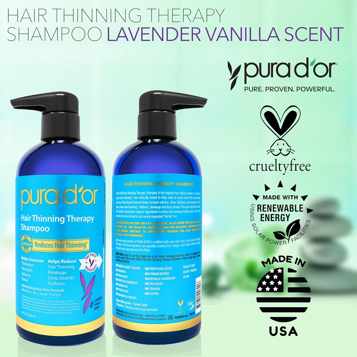PURA D'OR 16 Oz Hair Thinning Therapy Biotin Shampoo - LAVENDER VANILLA Scent - CLINICALLY TESTED Effective Results, Herbal Blend Hair Thickening Products Women & Men, Color Safe Routine Shampoo - Image 6
