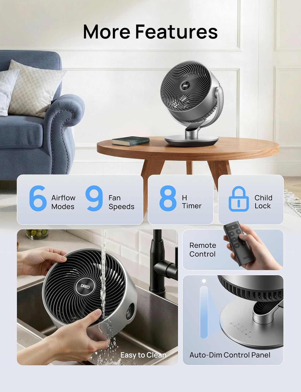 Dreo 16 Inch 25dB Quiet Smart Fans for Bedroom, DC Room Fan with Remote, 120°+120° Oscillating Fan, 6 Modes, 9 Speeds, 12H Timer,Works Alexa/Google/WiFi/Voice Control, Silver, Oversize (DR-HAF004S) - Image 8