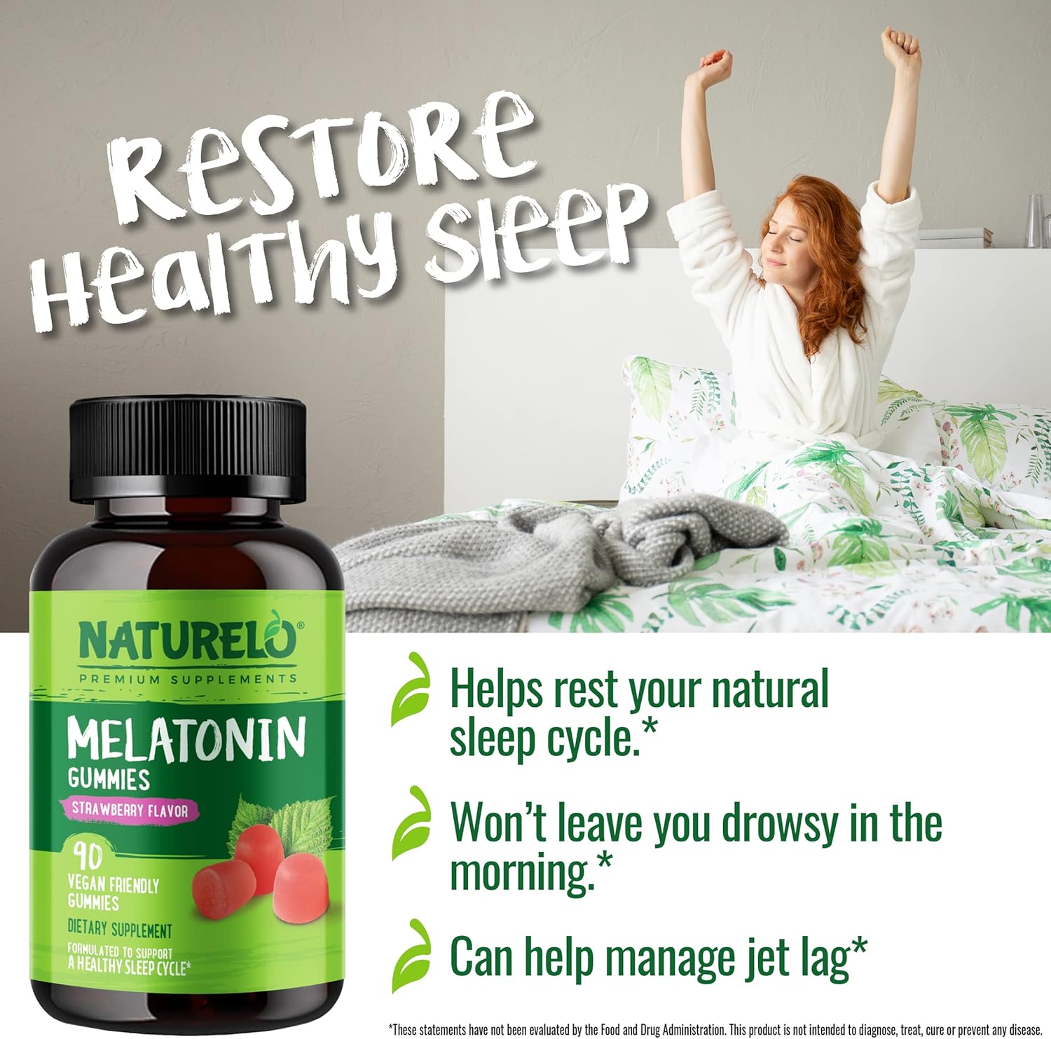 NATURELO Melatonin Gummies – Non-GMO, Gluten-Free, Soy Free - Strawberry Flavor - Gentle Sleep Supplement - 90 Vegetarian Gummies - Image 2