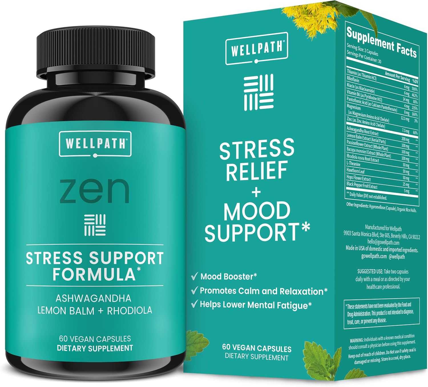 WellPath Zen Stress Relief Supplement + Mood Support | Calm, Stress & Energy Support | Ashwagandha Root, Rhodiola Rosea, L-Theanine, Lemon Balm | Herbal Capsules, 60 Ct