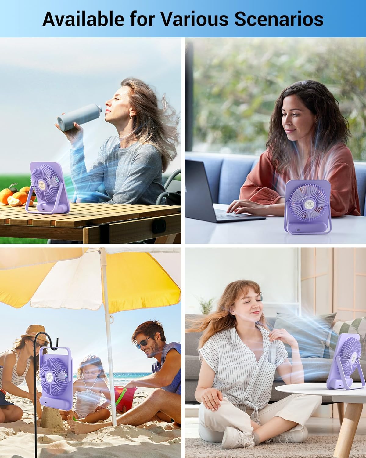 WHATOOK Small Desk Fan Personal Fans: 5000mah 25 Hours Battery Office Quiet Mini Desktop Fan Portable Rechargeable Travel Essentials (Purple, 2000 mAh) - Image 7