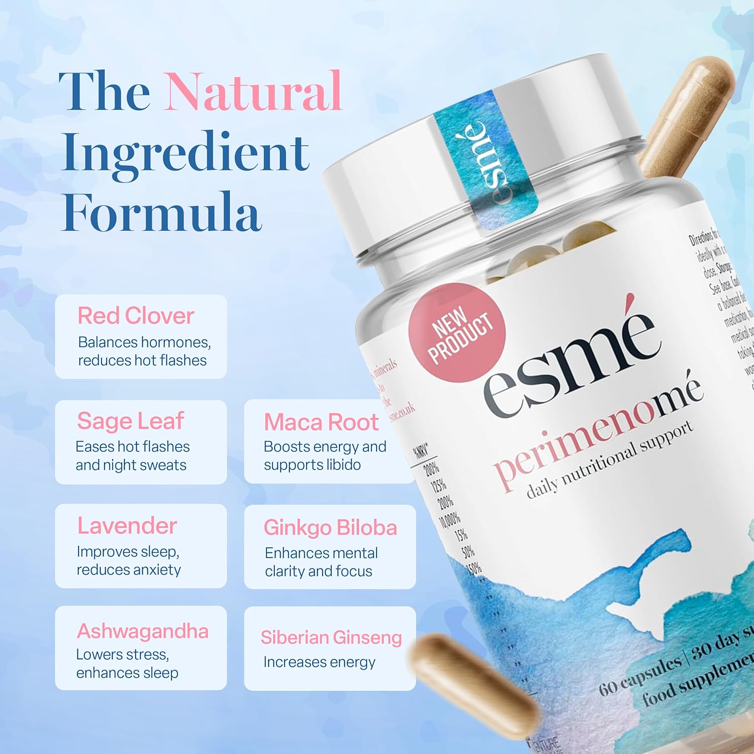 Esme Menopause Supplements Perimenopause Supplements 1 Month Supply - Daily Support for The Early Stage of Menopause – 60 Capsules - Includes Ashwagandha, Vitamins and Red Clover - Image 6