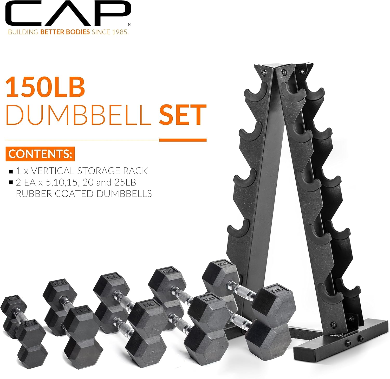 CAP Barbell Rubber Coated Hex Dumbbell Set with Storage Rack | 100–210 lb Options, Space-Saving Vertical Compact Storage for Home Gym Strength Training - Image 2