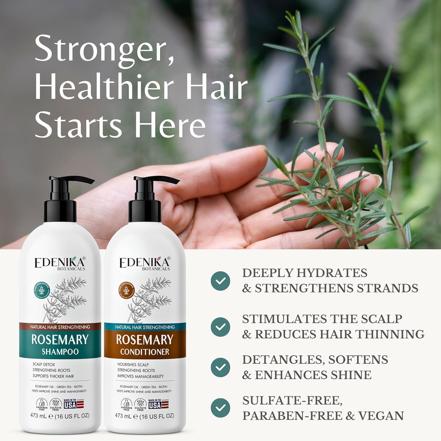 Edenika Botanicals Rosemary Oil Shampoo & Conditioner Set with Biotin for Thinning Hair & Anti-Hair Loss, Strengthening Botanical Formula, Women & Men, Sulfate-Free, Organic, 16 fl oz Each - Image 2